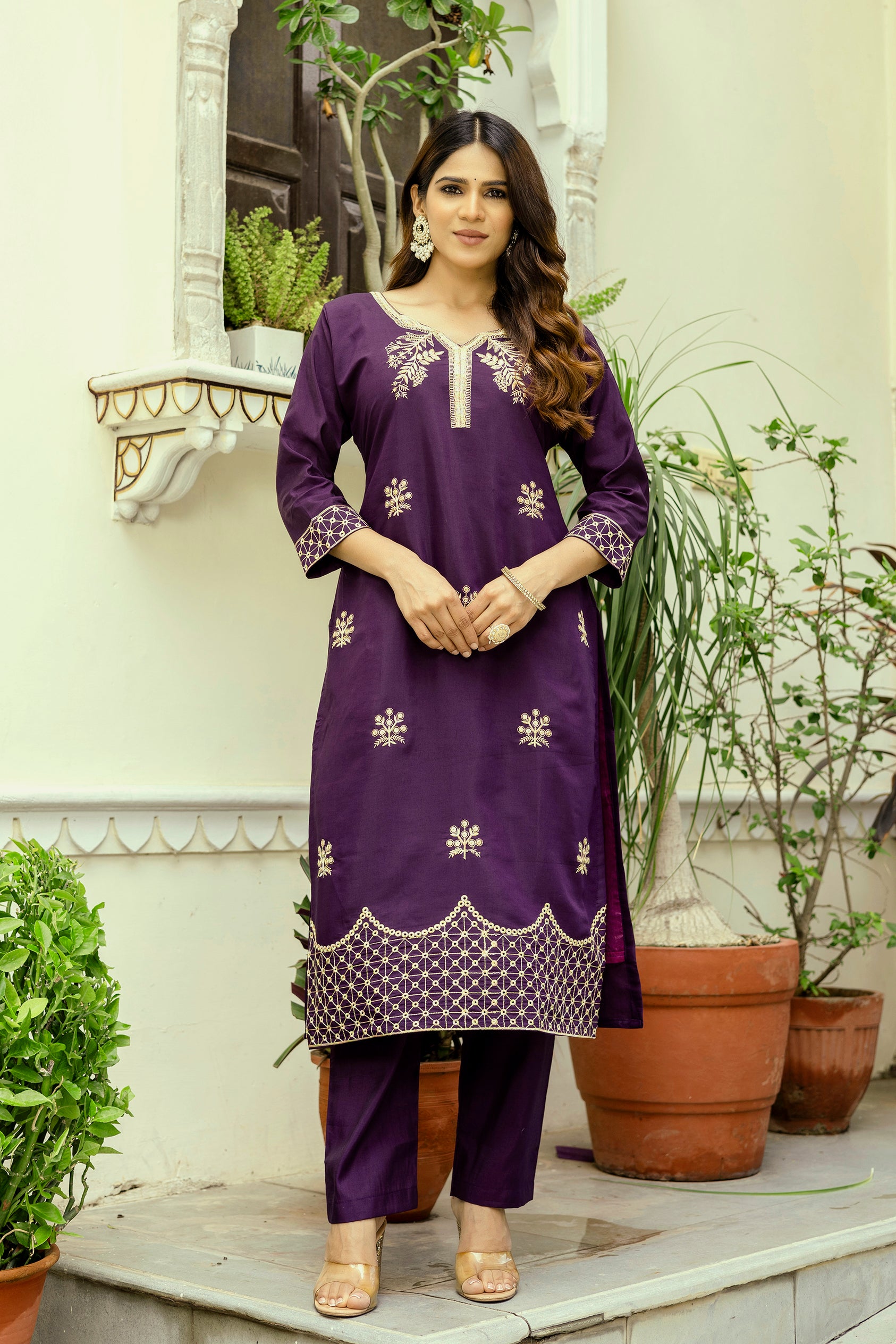 Wine Purple Viscose Chanderi Embroidered Kurta Set