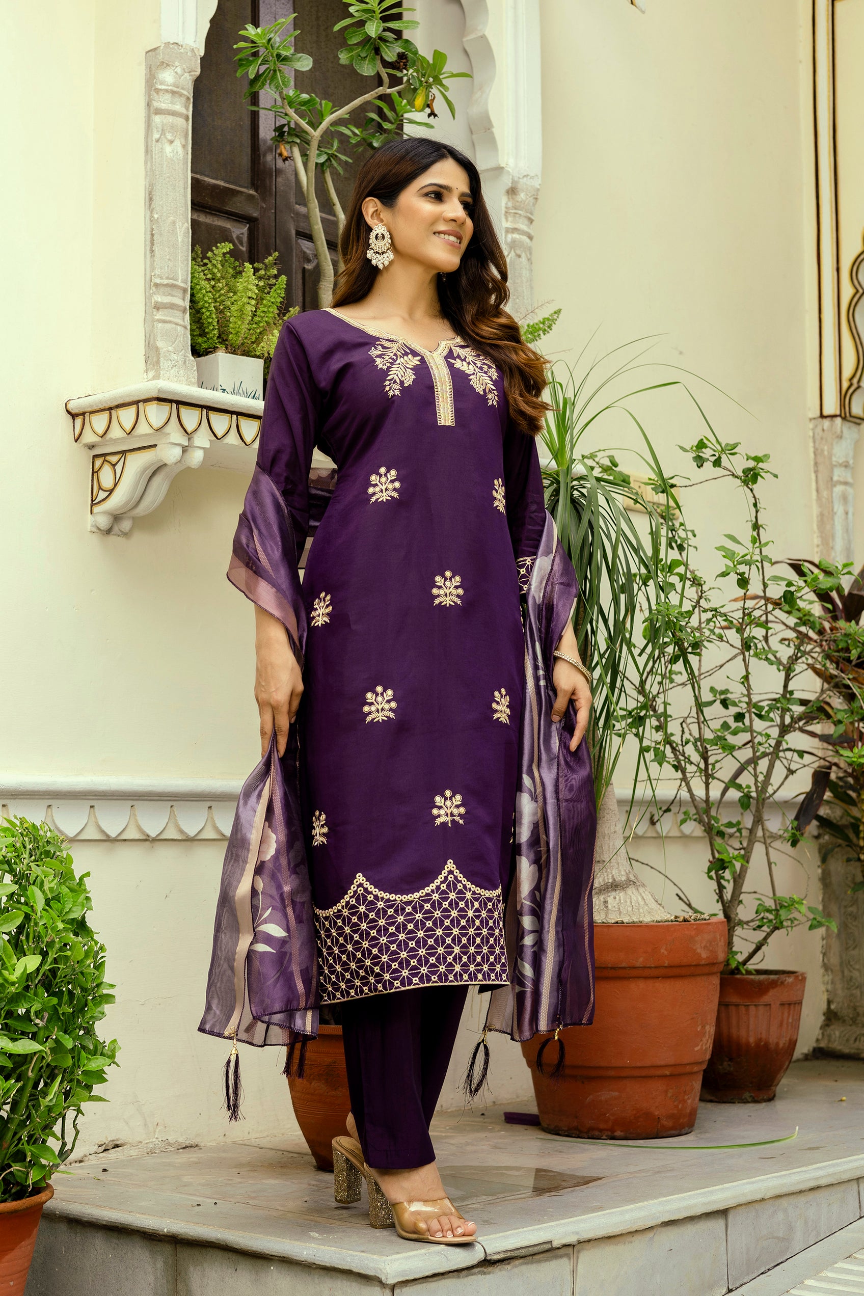 Wine Purple Viscose Chanderi Embroidered Kurta Set
