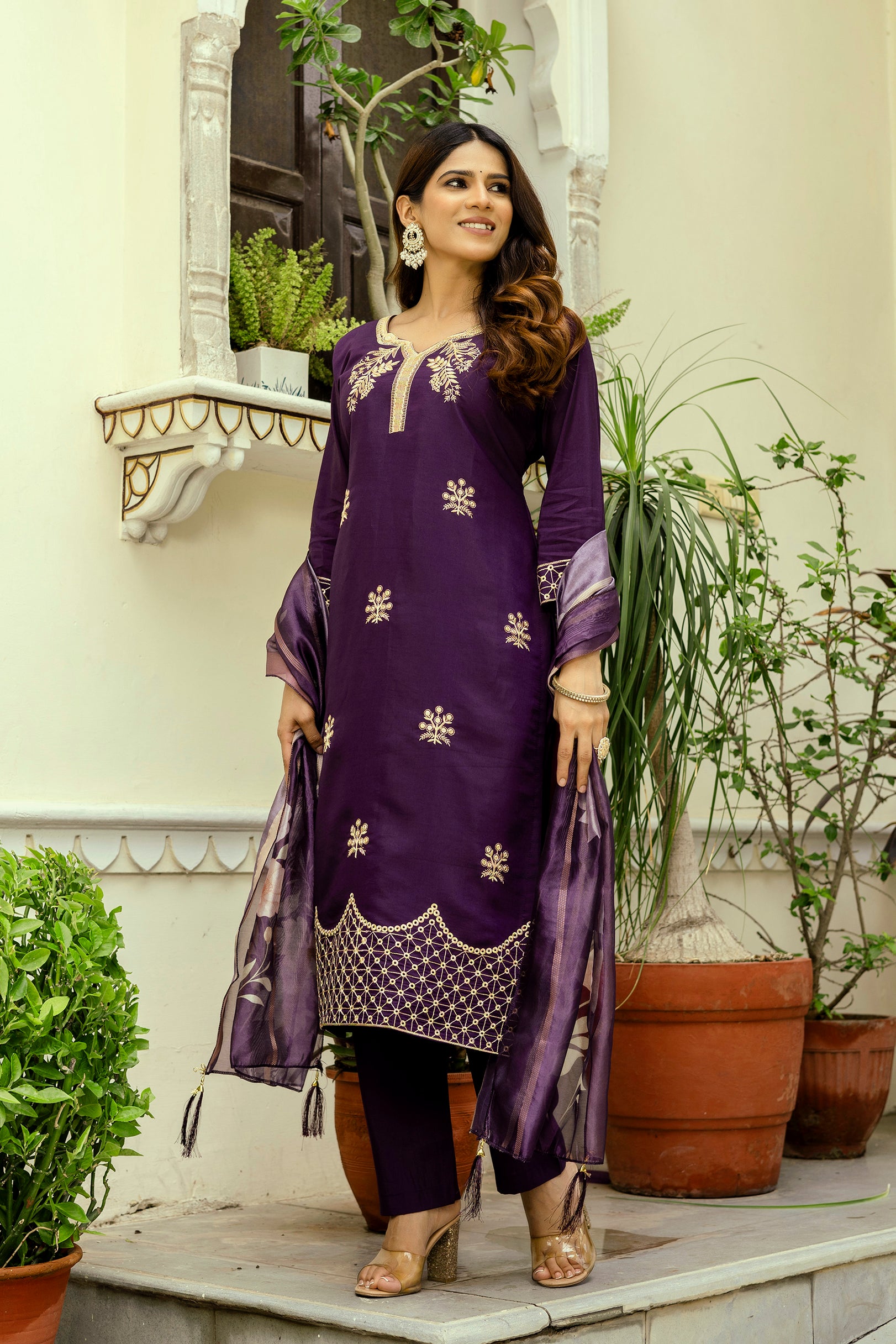 Wine Purple Viscose Chanderi Embroidered Kurta Set