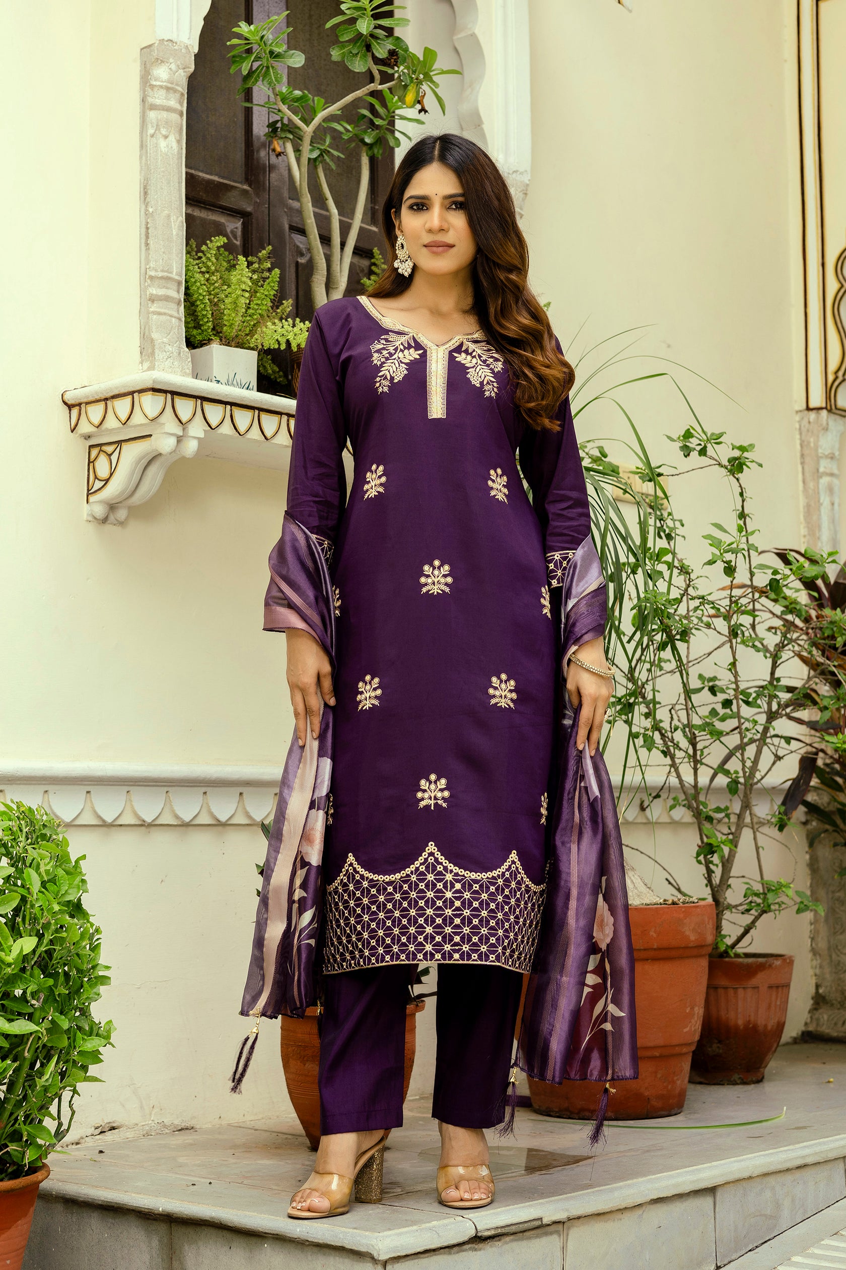 Wine Purple Viscose Chanderi Embroidered Kurta Set