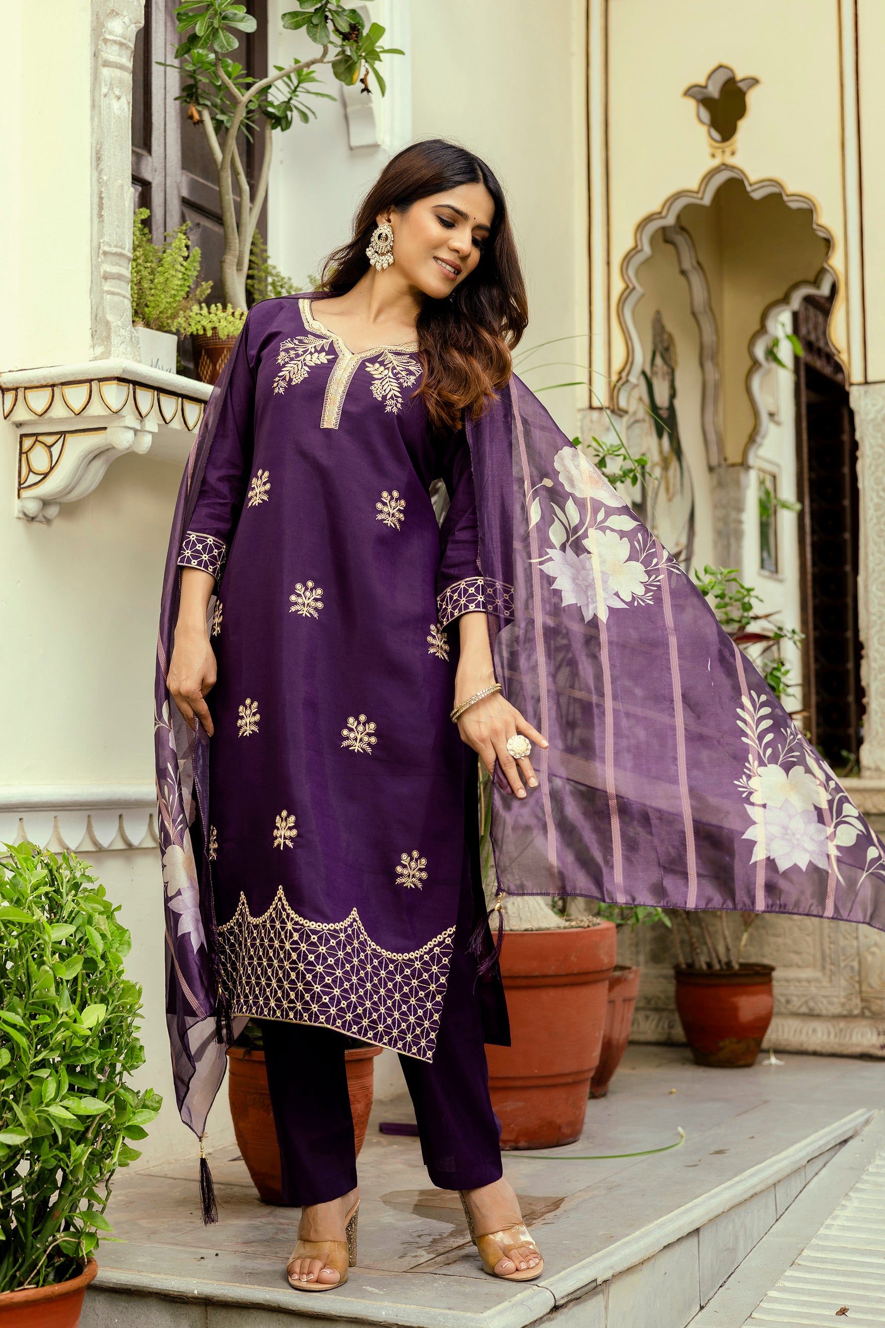 Wine Purple Viscose Chanderi Embroidered Kurta Set