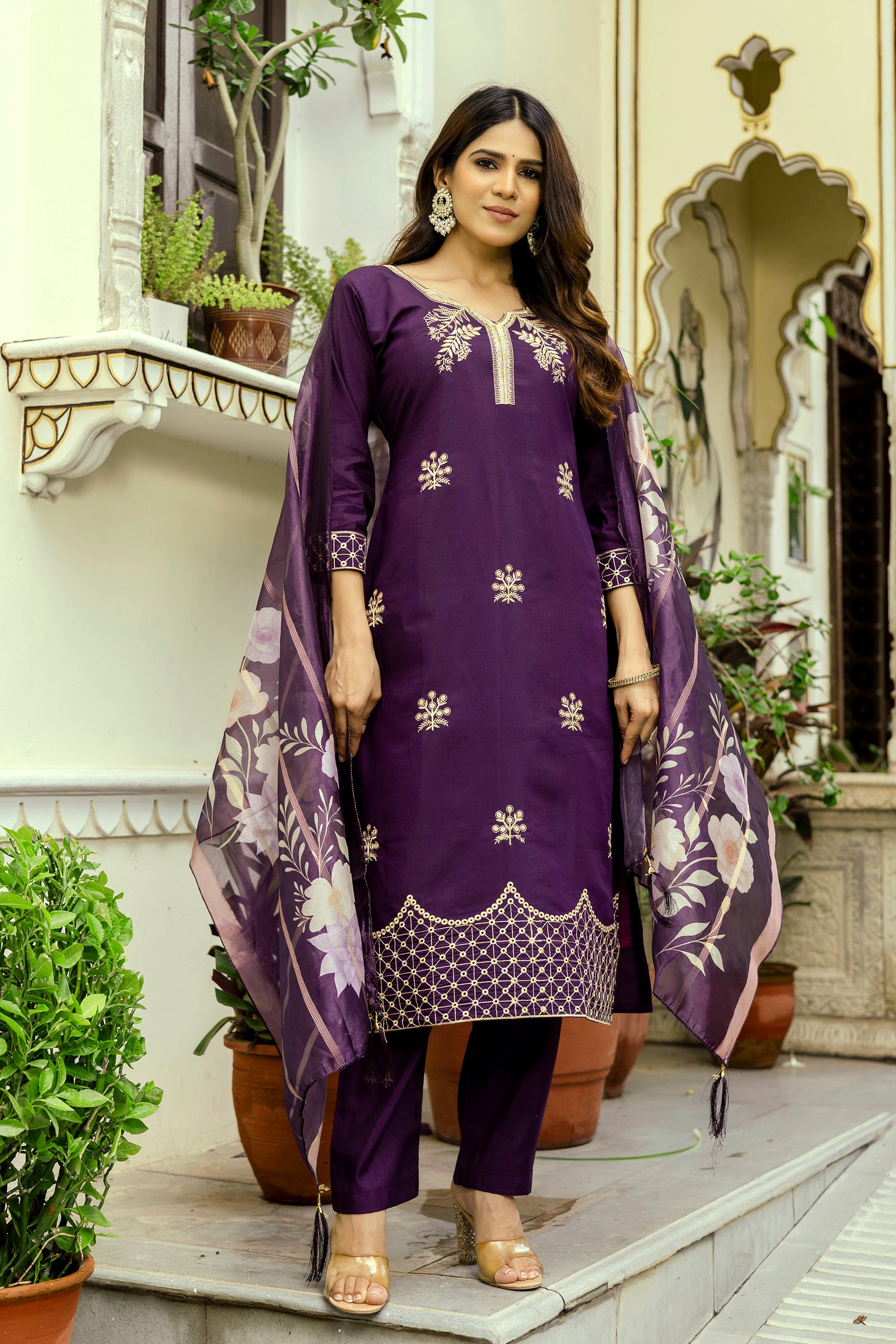 Wine Purple Viscose Chanderi Embroidered Kurta Set