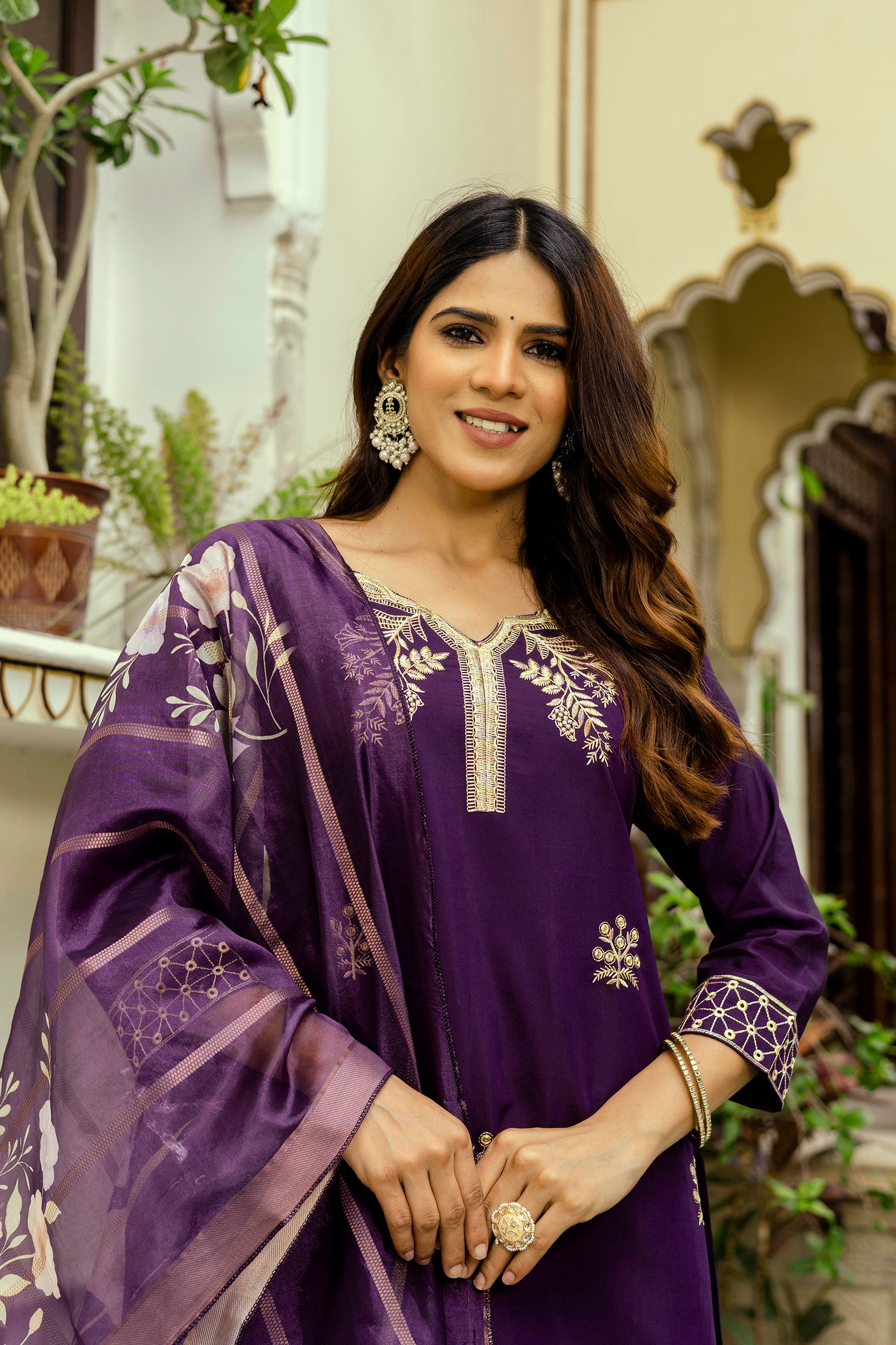 Wine Purple Viscose Chanderi Embroidered Kurta Set