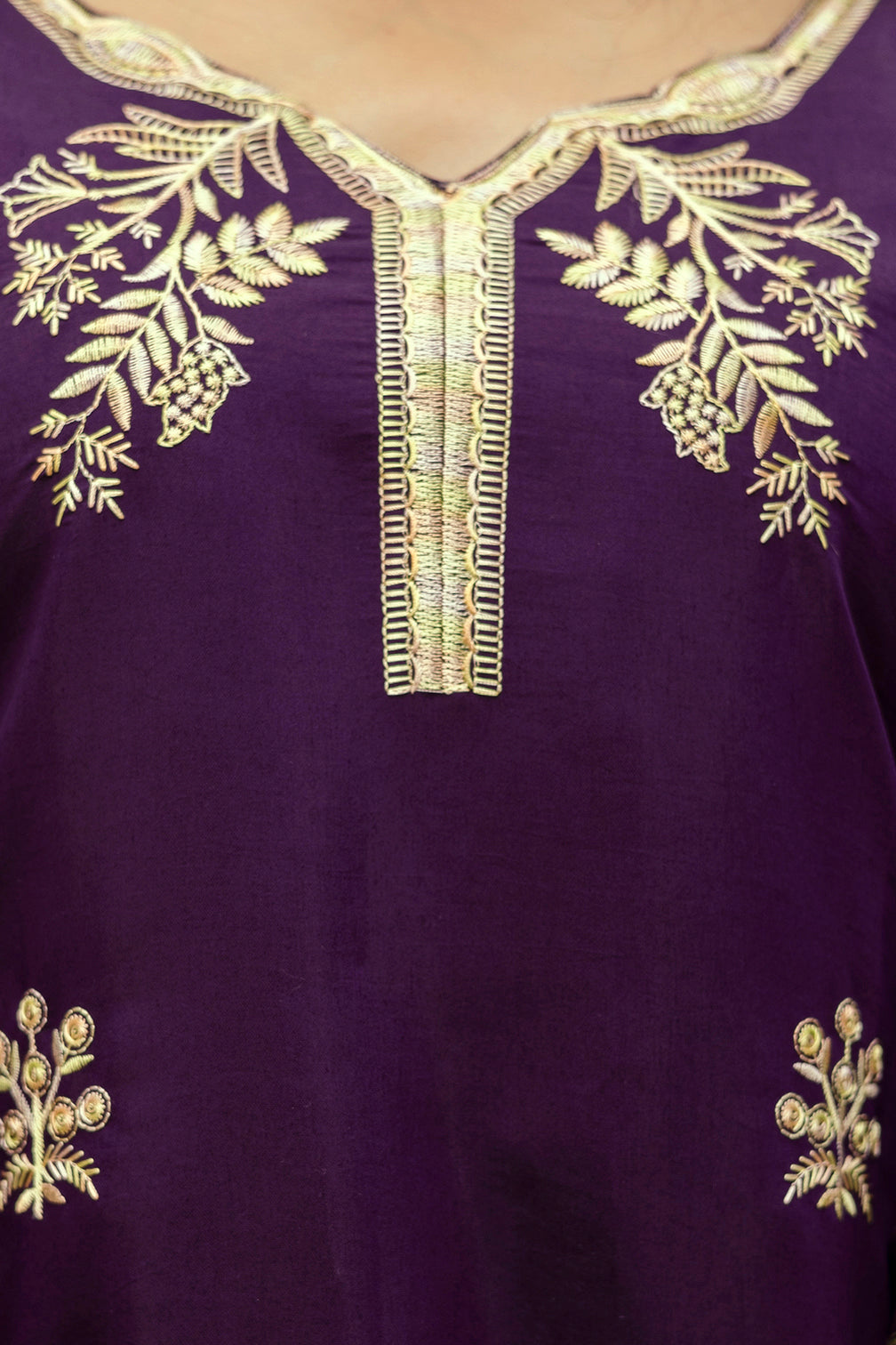 Wine Purple Viscose Chanderi Embroidered Kurta Set