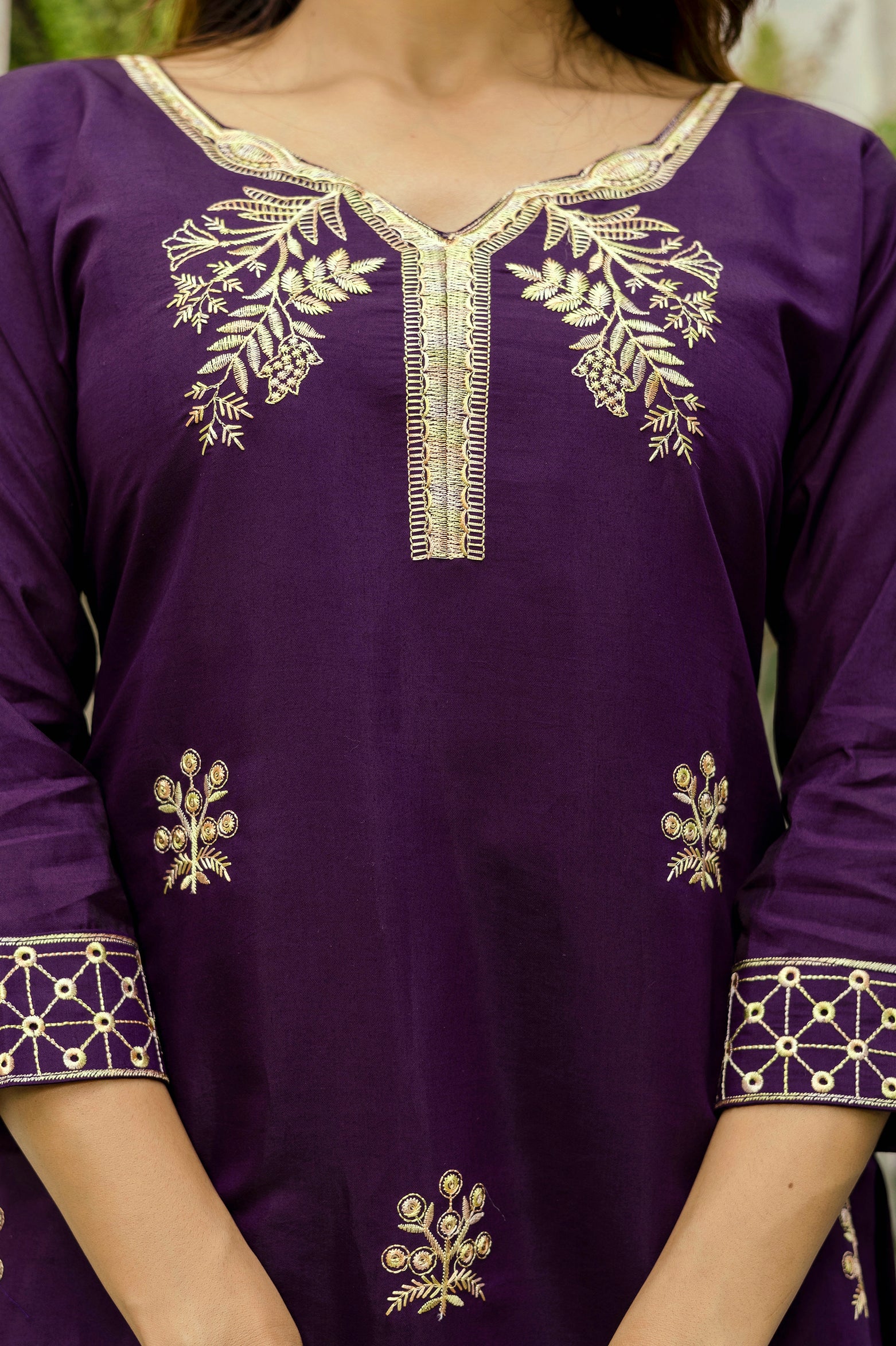 Wine Purple Viscose Chanderi Embroidered Kurta Set