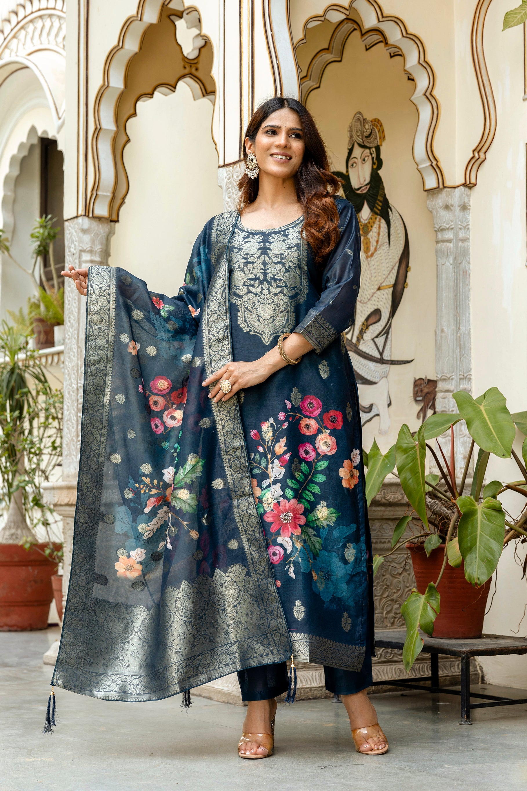 Navy Blue Chanderi Cotton Kurta Set