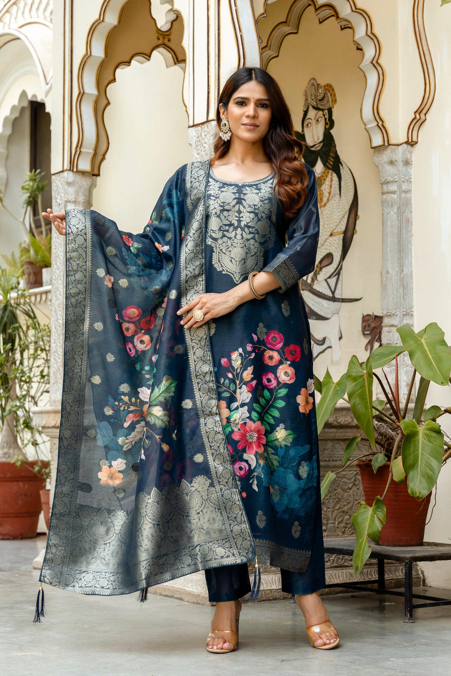 Navy Blue Chanderi Cotton Kurta Set