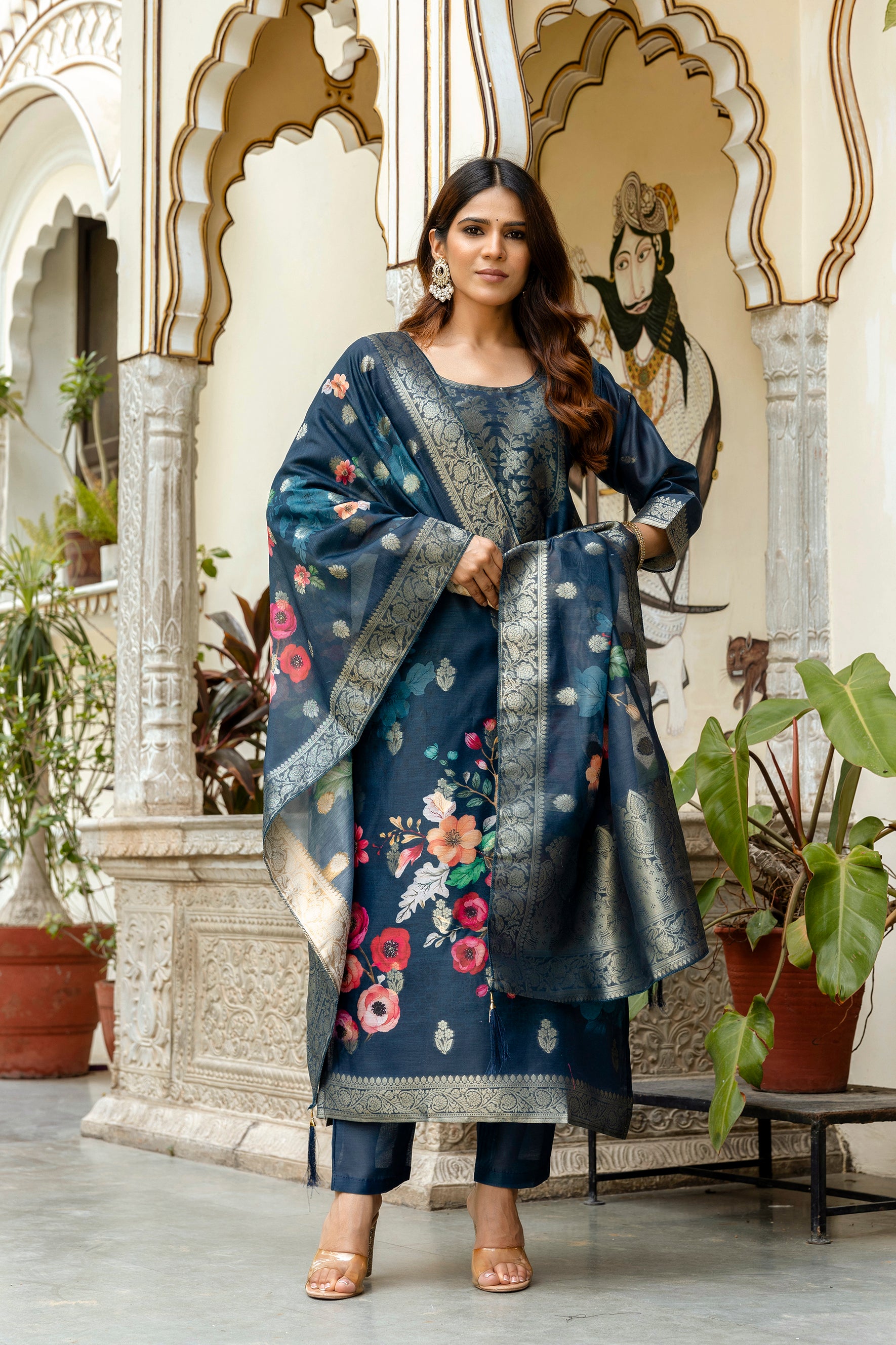 Navy Blue Chanderi Cotton Kurta Set