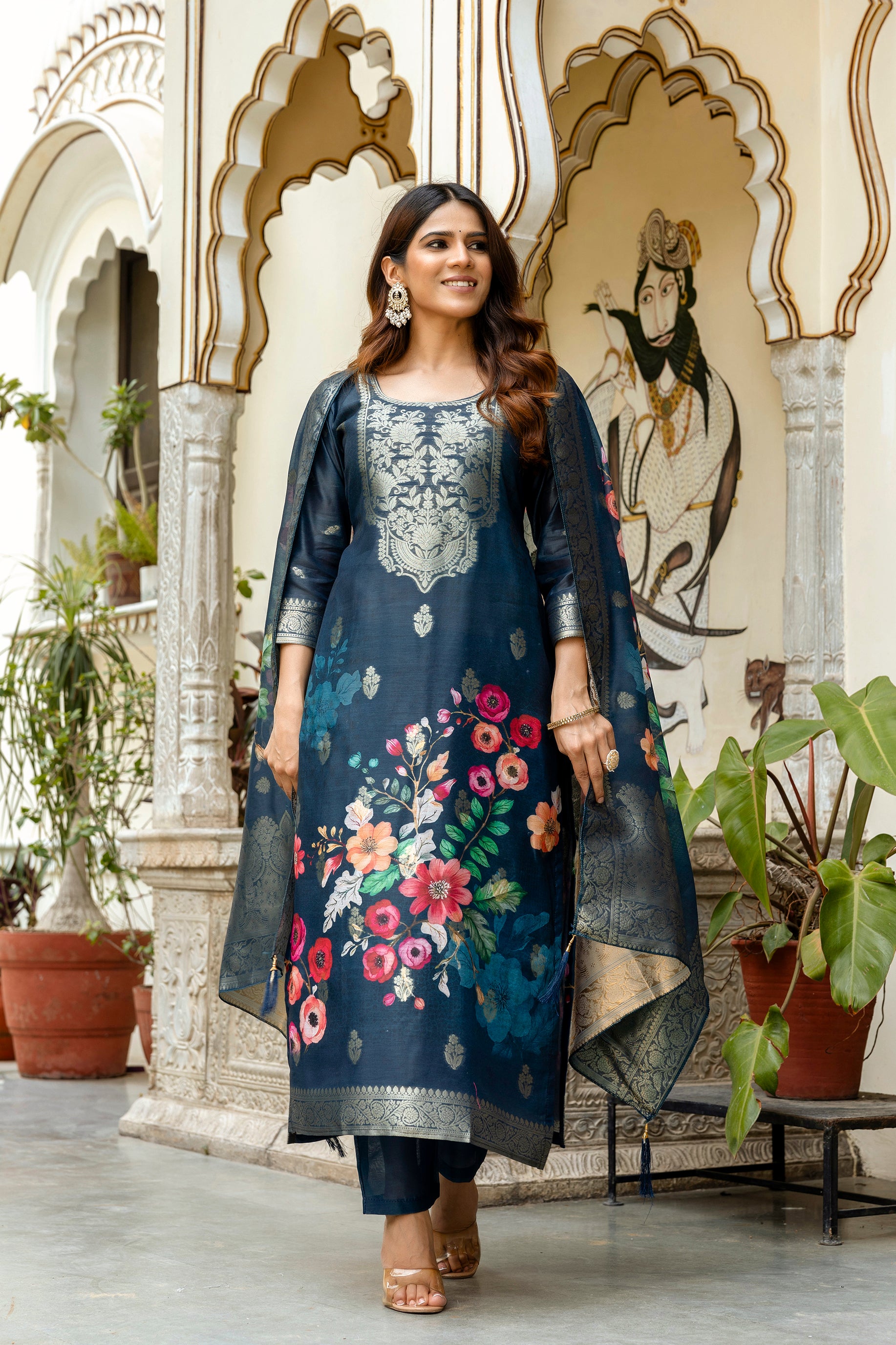 Navy Blue Chanderi Cotton Kurta Set