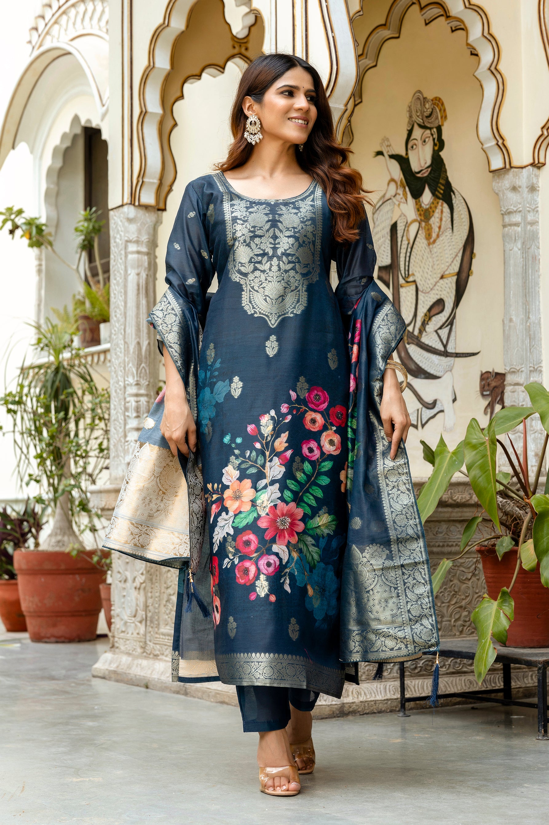 Navy Blue Chanderi Cotton Kurta Set