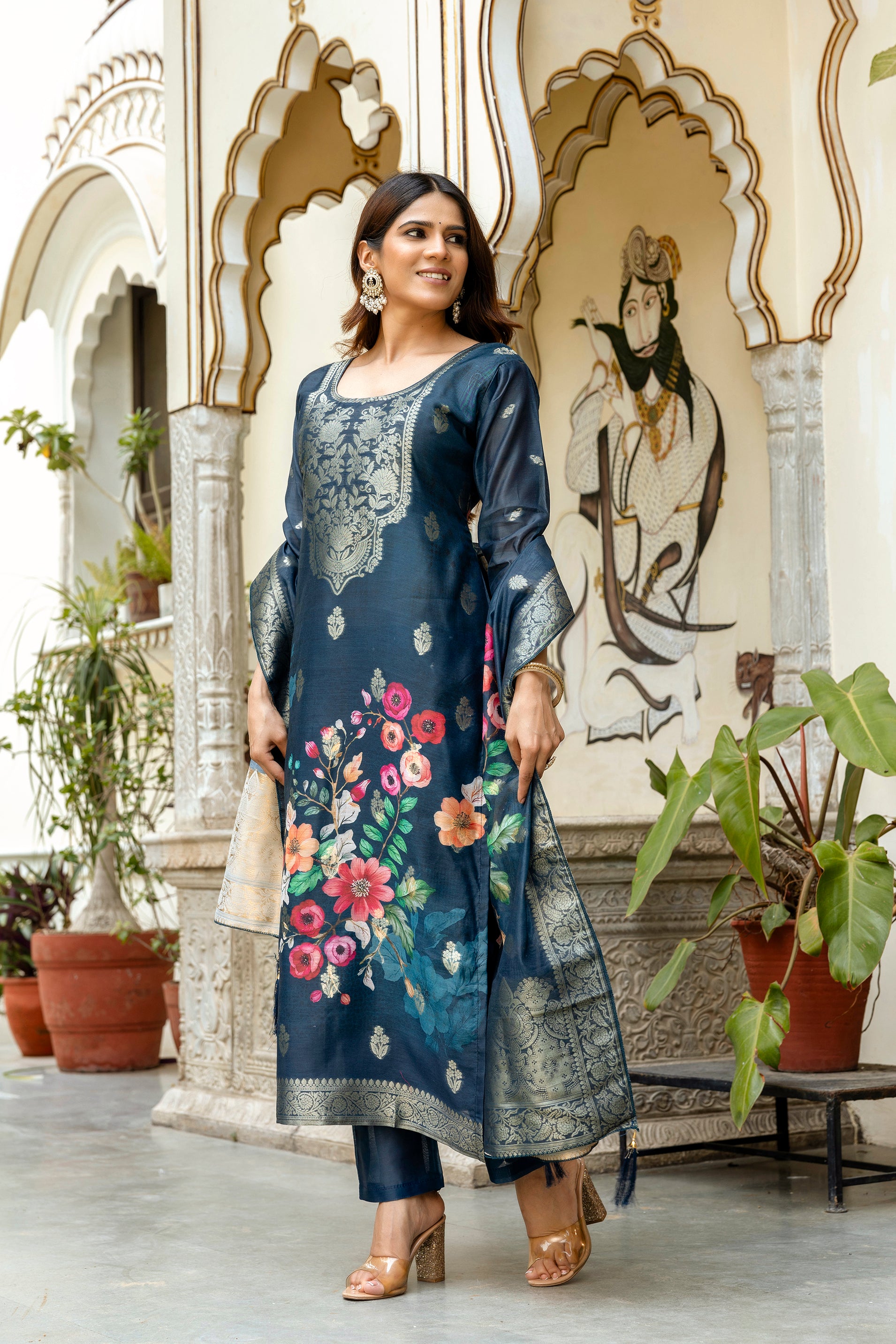 Navy Blue Chanderi Cotton Kurta Set