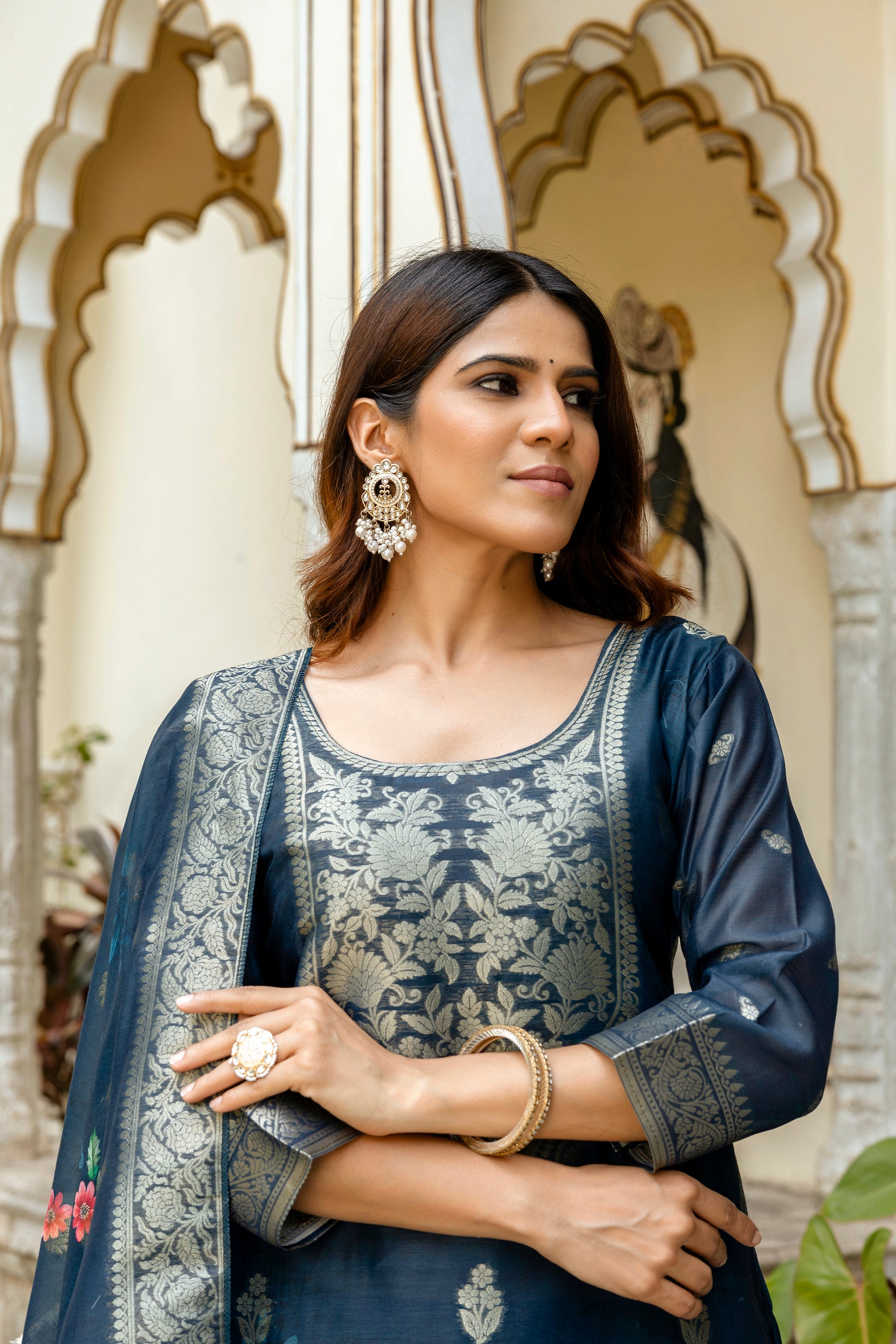 Navy Blue Chanderi Cotton Kurta Set