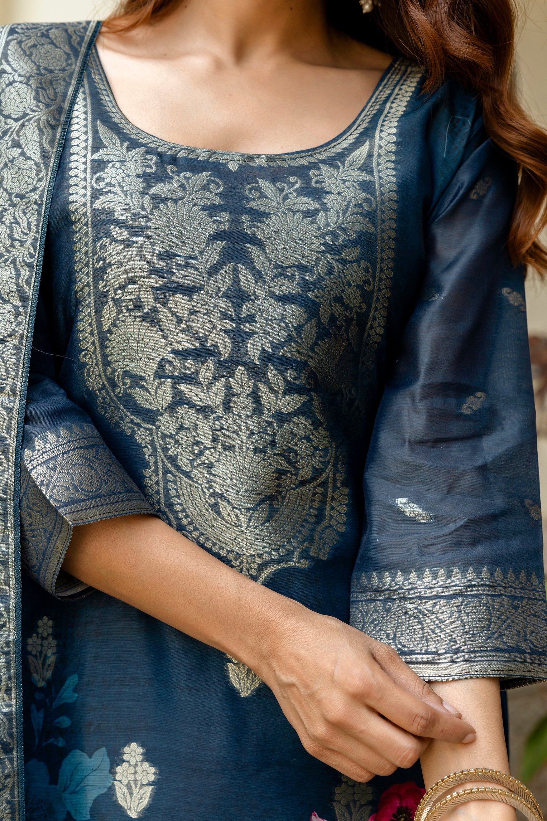 Navy Blue Chanderi Cotton Kurta Set
