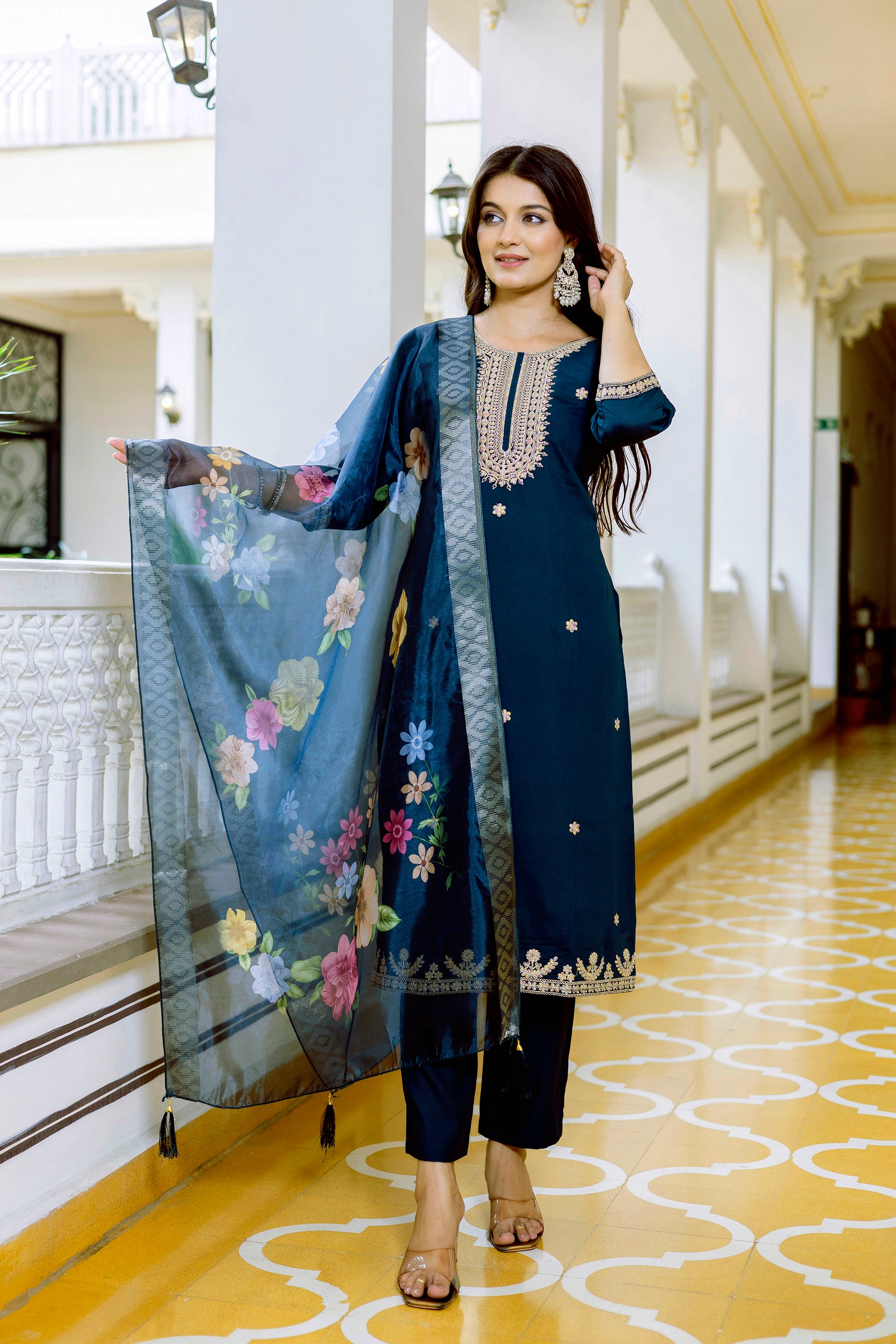 Navy Blue Viscose Chanderi Embroidered Kurta Set