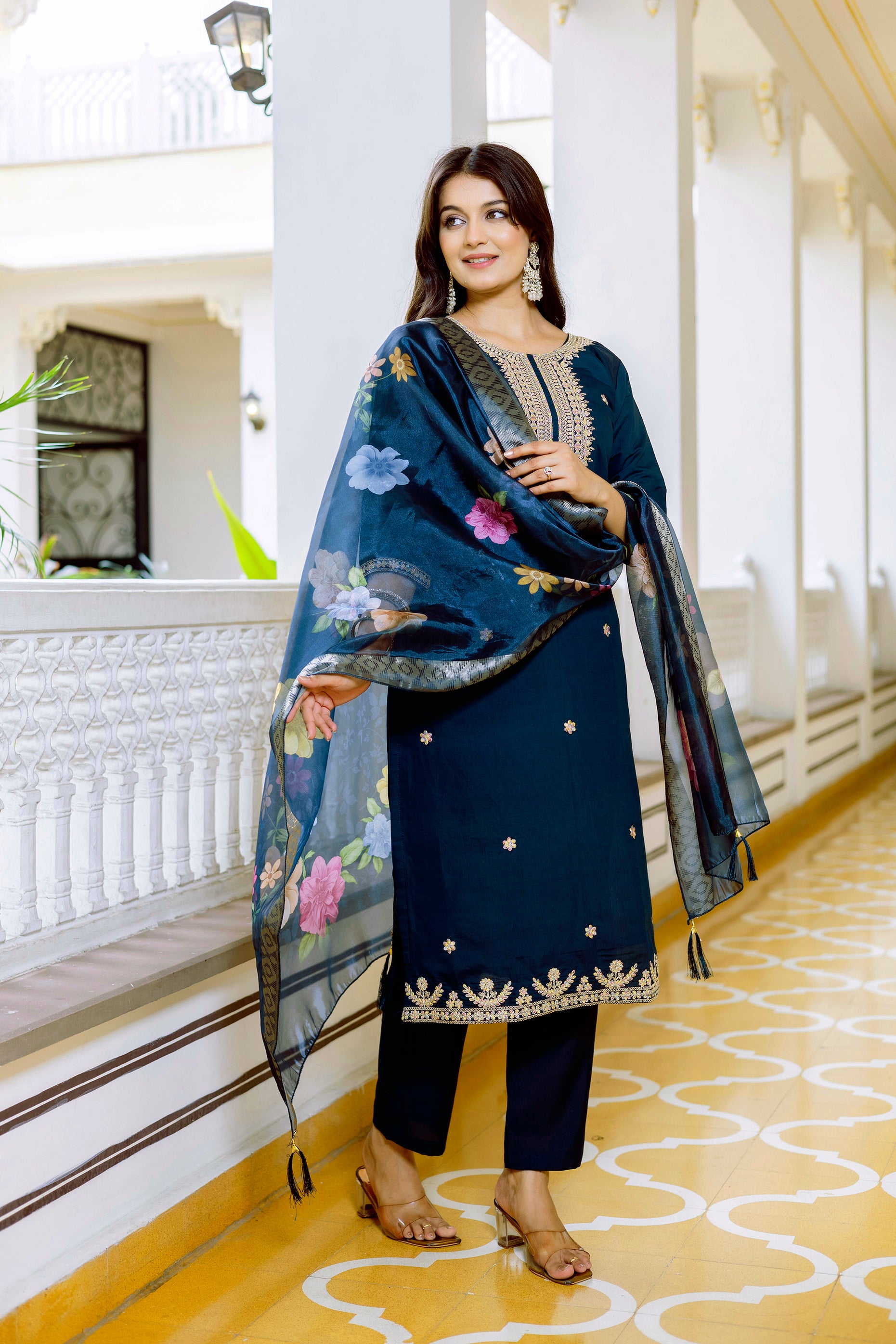 Navy Blue Viscose Chanderi Embroidered Kurta Set