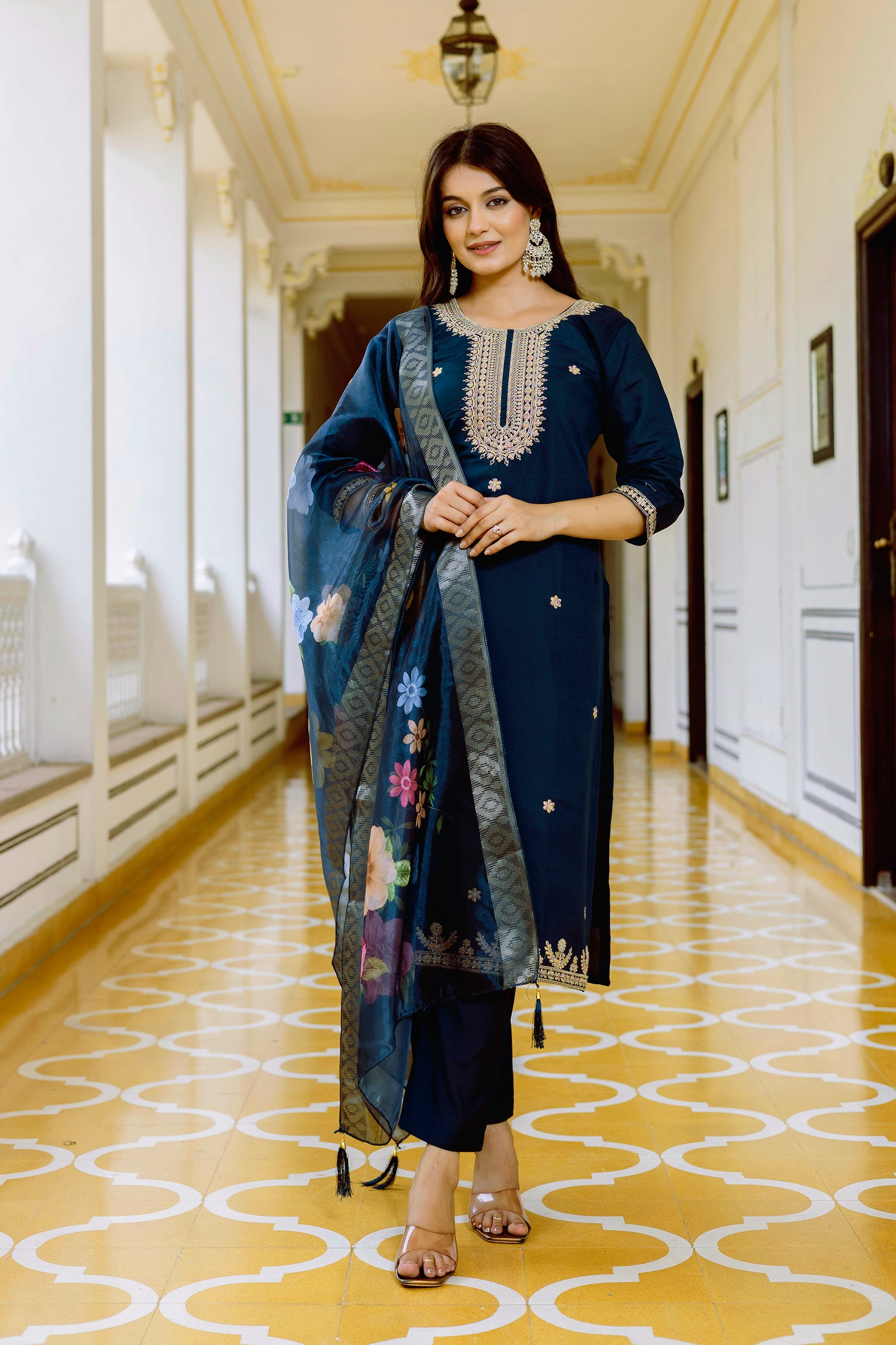 Navy Blue Viscose Chanderi Embroidered Kurta Set