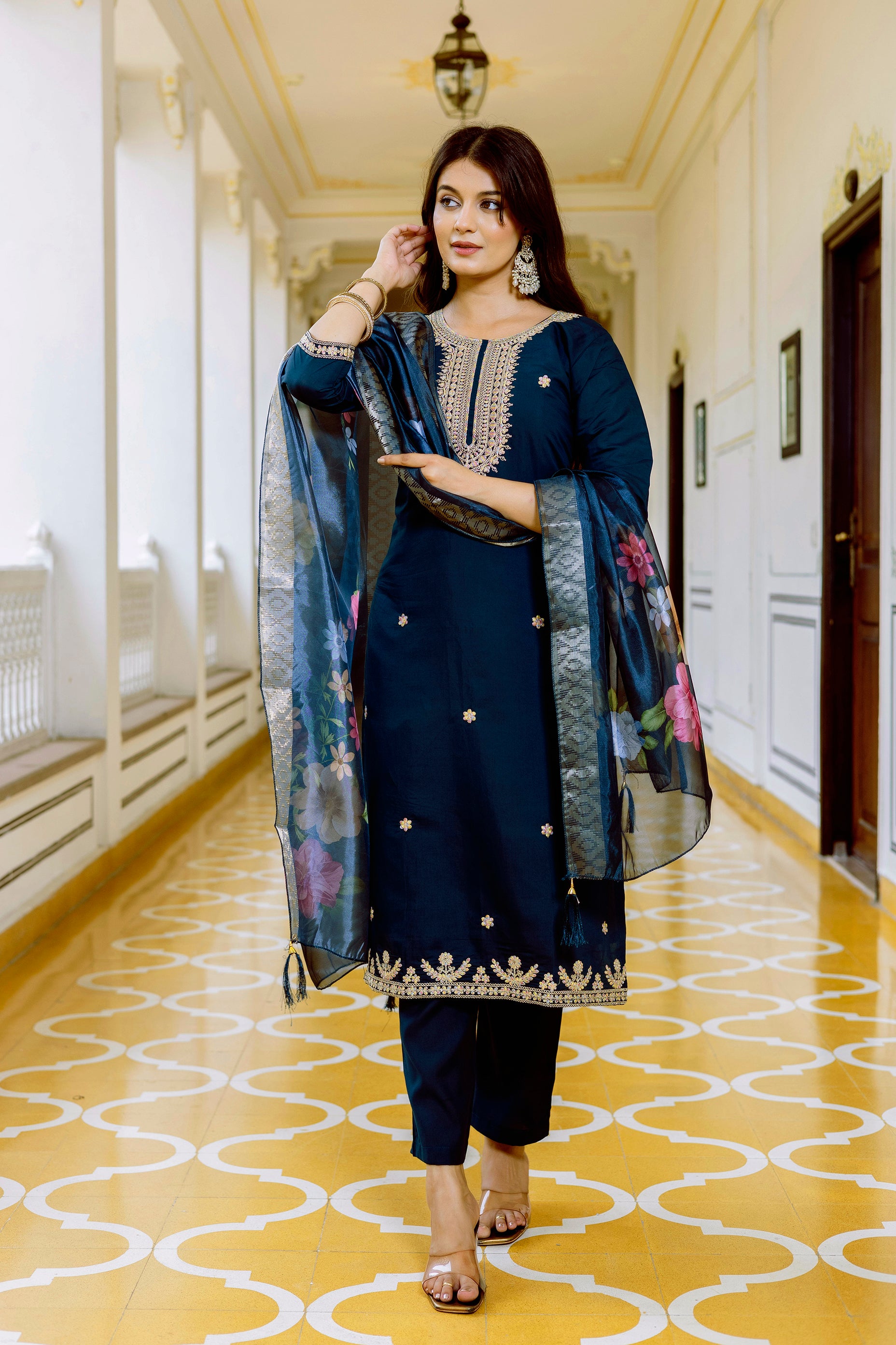Navy Blue Viscose Chanderi Embroidered Kurta Set