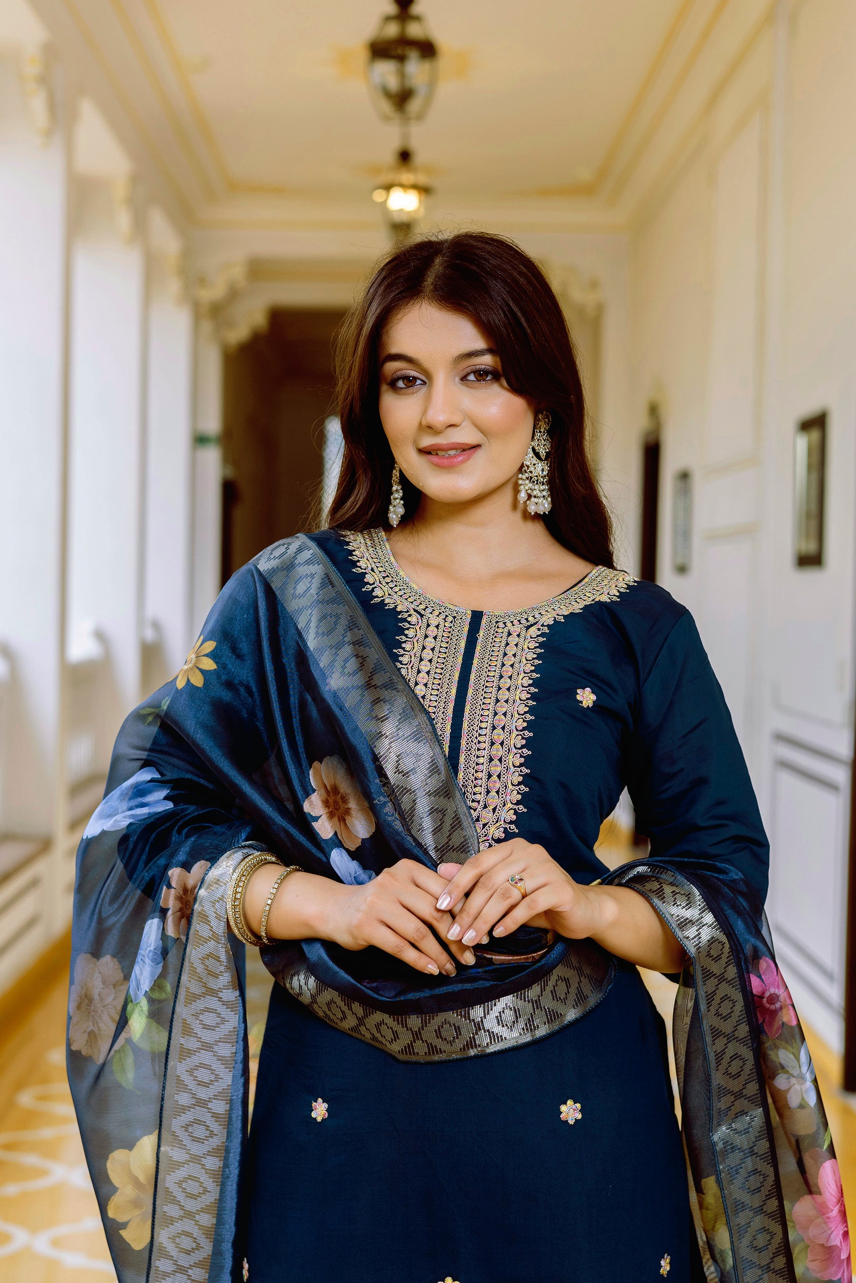 Navy Blue Viscose Chanderi Embroidered Kurta Set