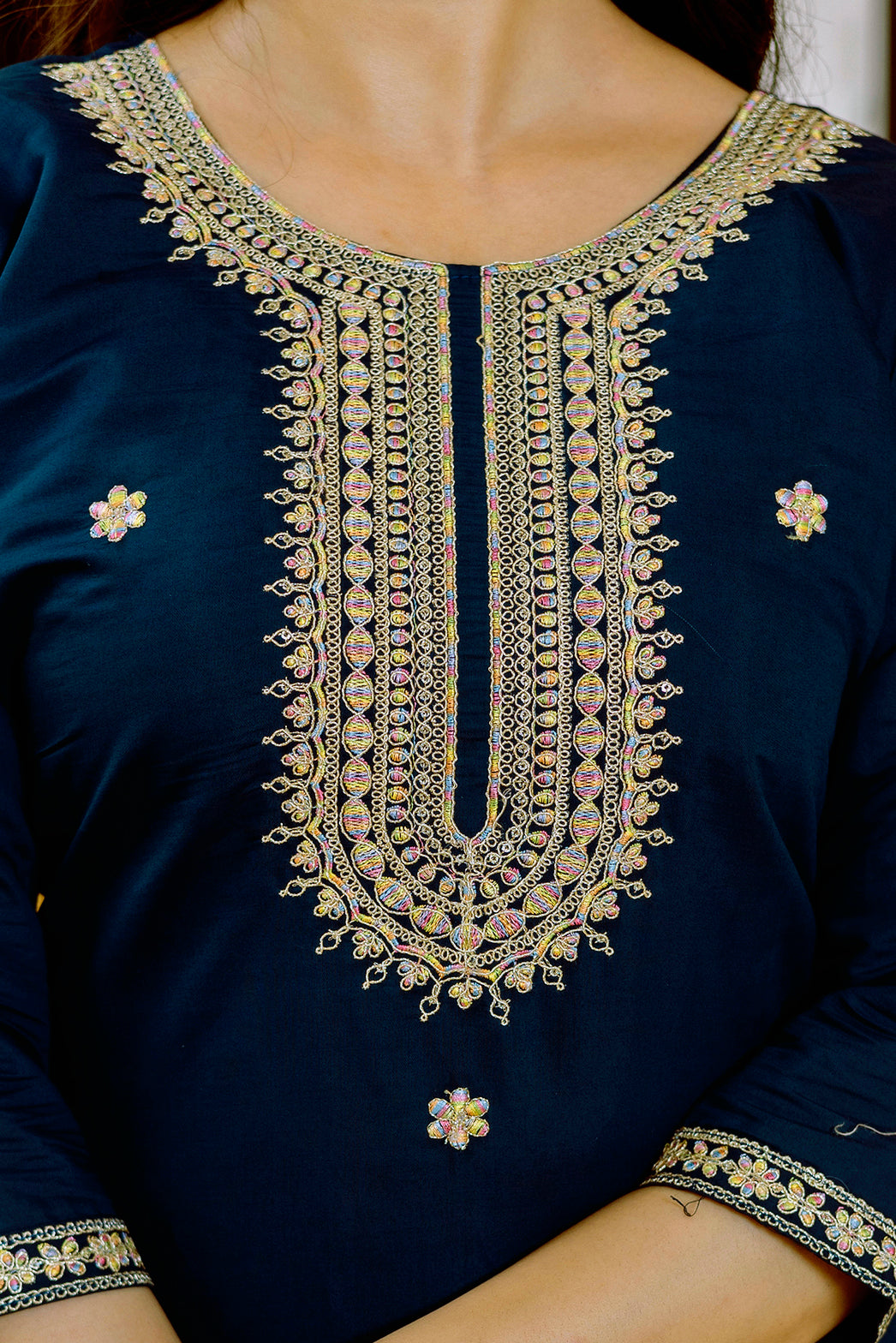 Navy Blue Viscose Chanderi Embroidered Kurta Set
