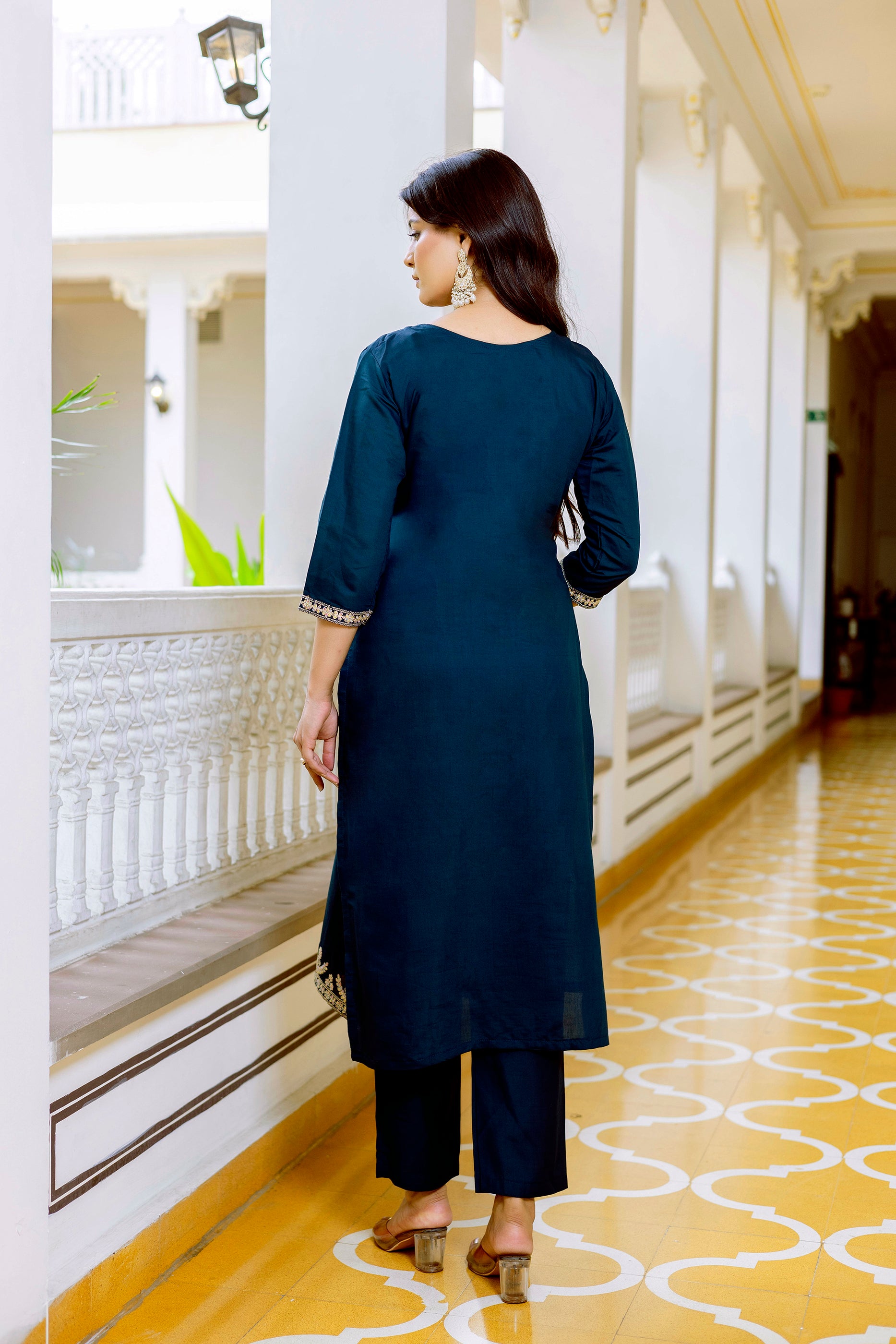 Navy Blue Viscose Chanderi Embroidered Kurta Set