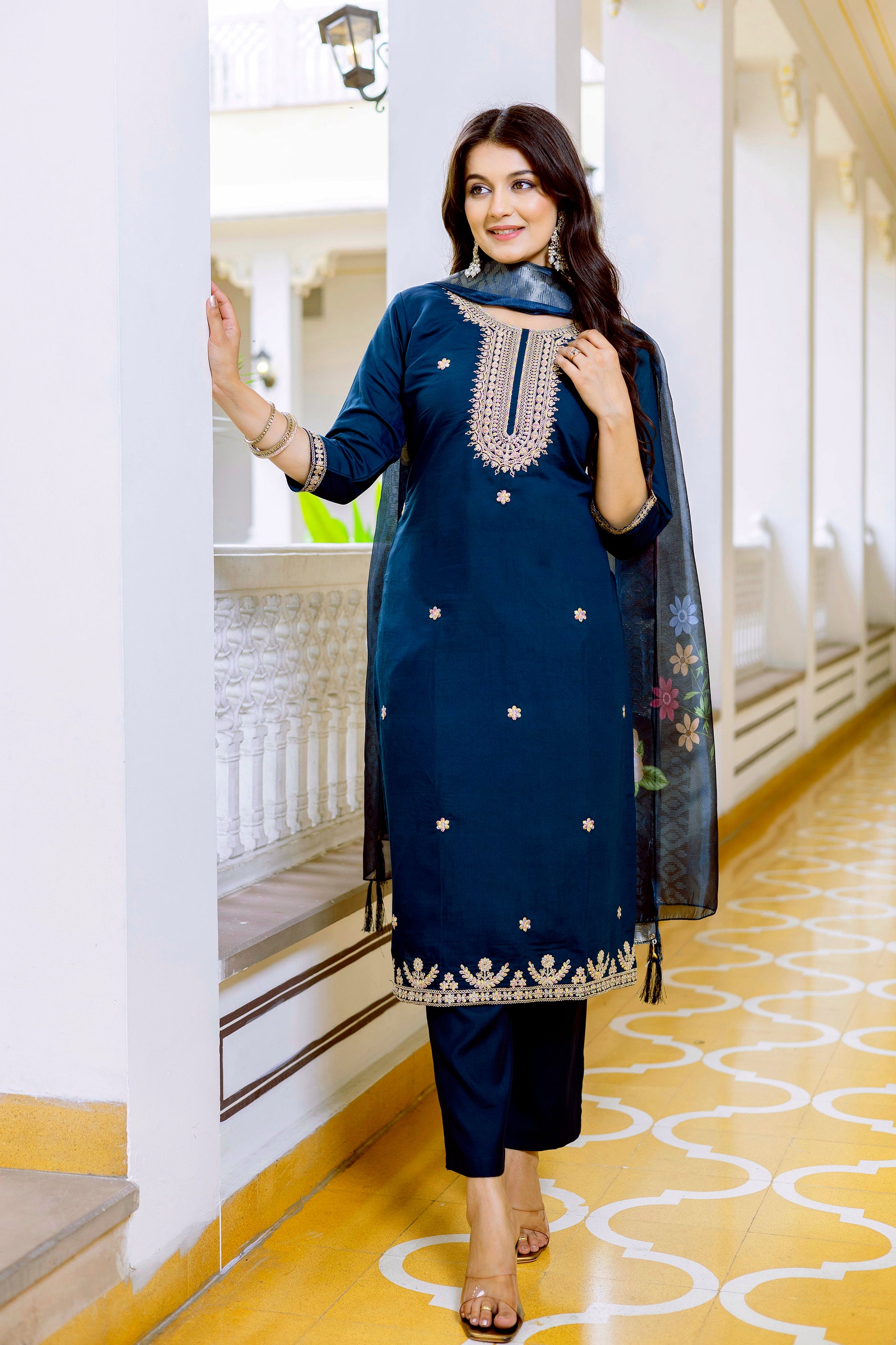 Navy Blue Viscose Chanderi Embroidered Kurta Set