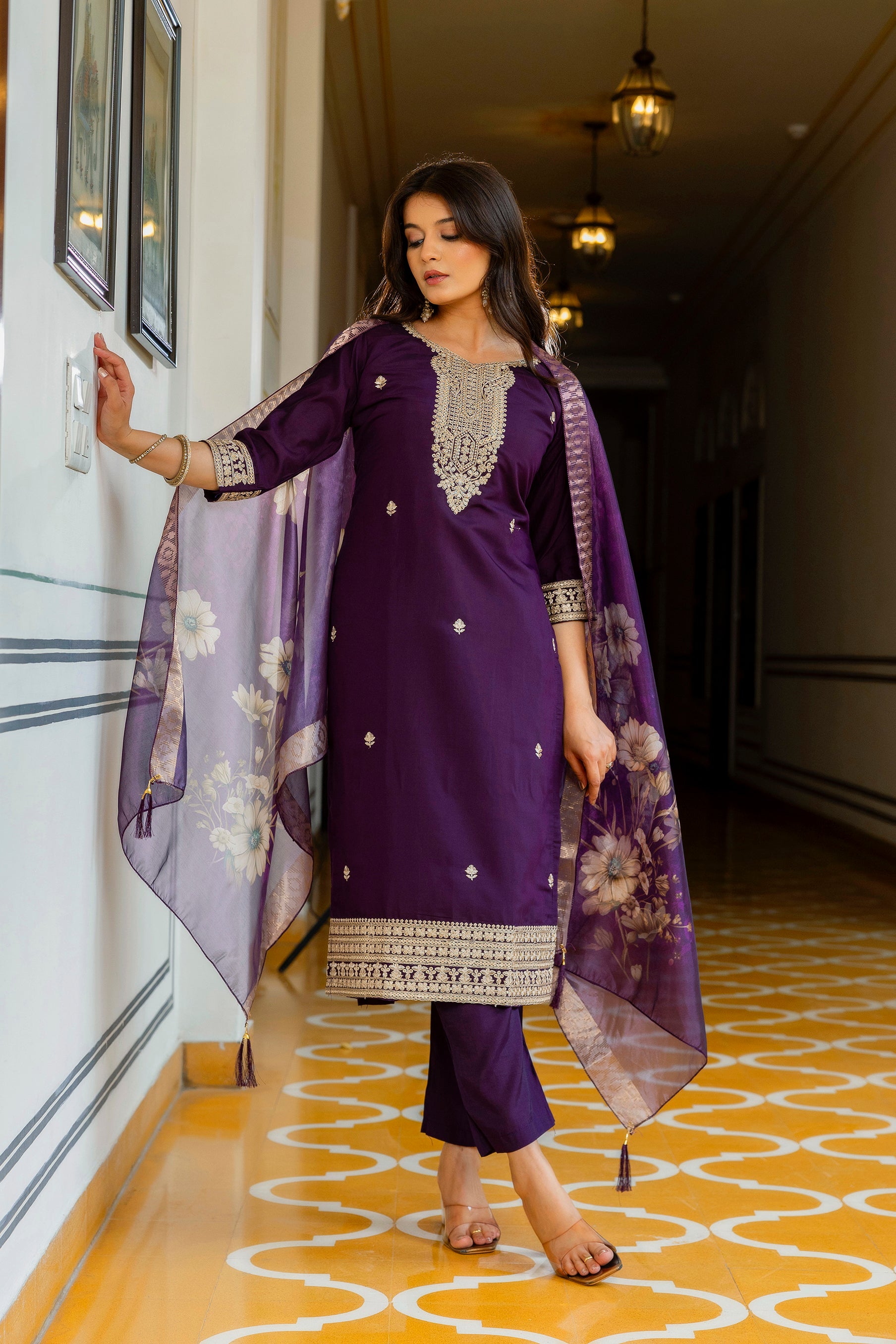 Wine Purple Viscose Chanderi Embroidered Kurta Set