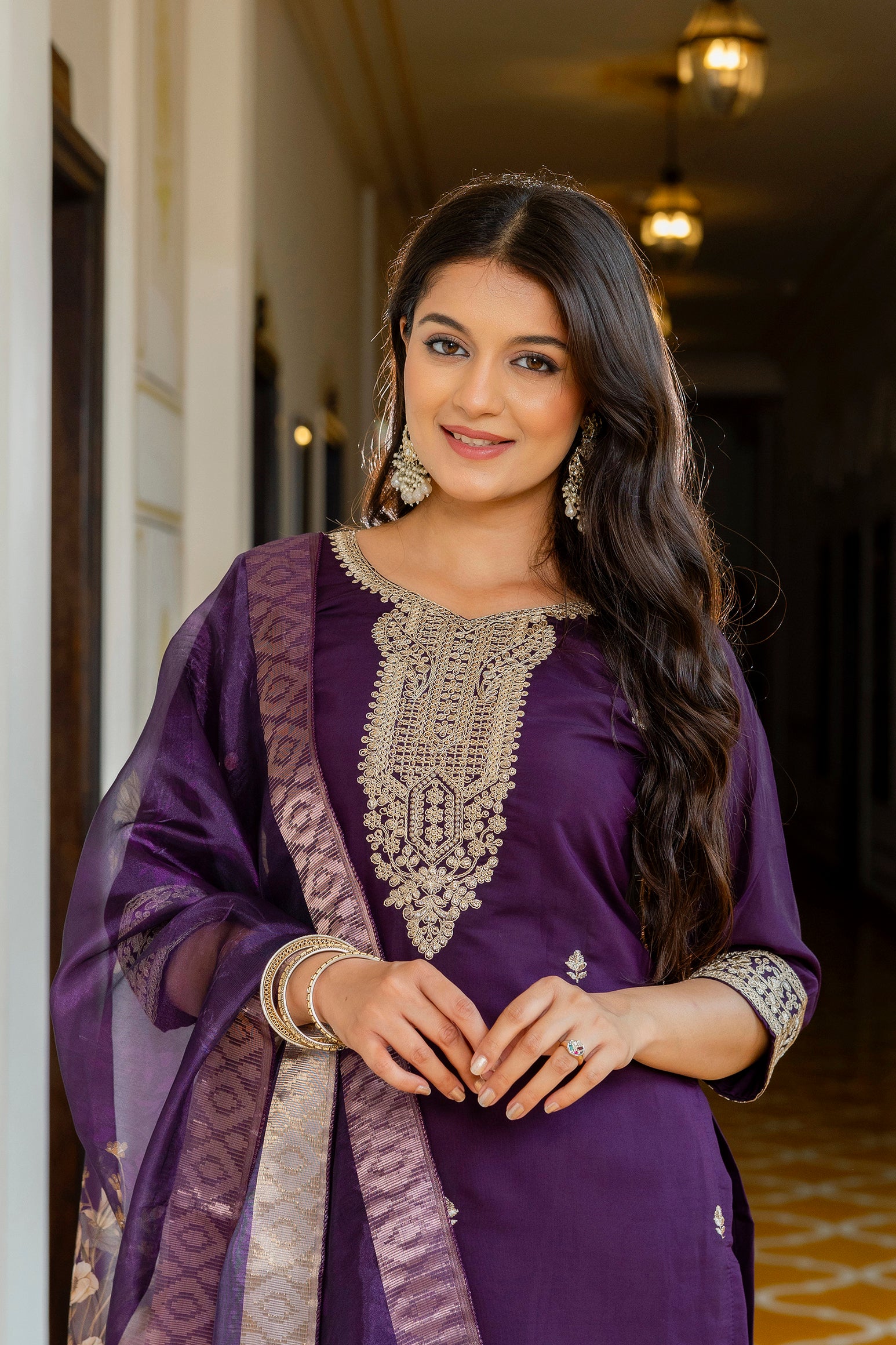 Wine Purple Viscose Chanderi Embroidered Kurta Set