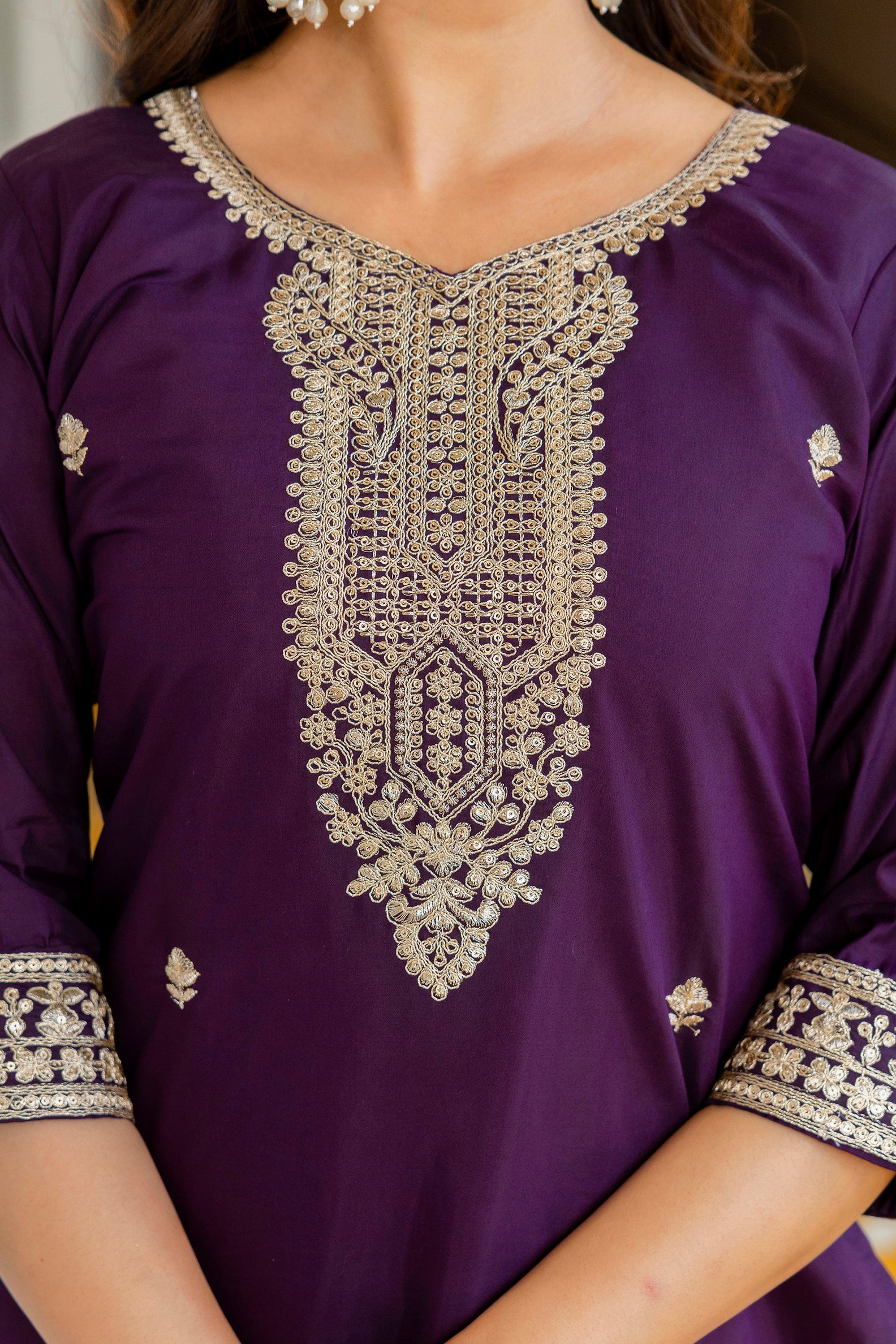 Wine Purple Viscose Chanderi Embroidered Kurta Set