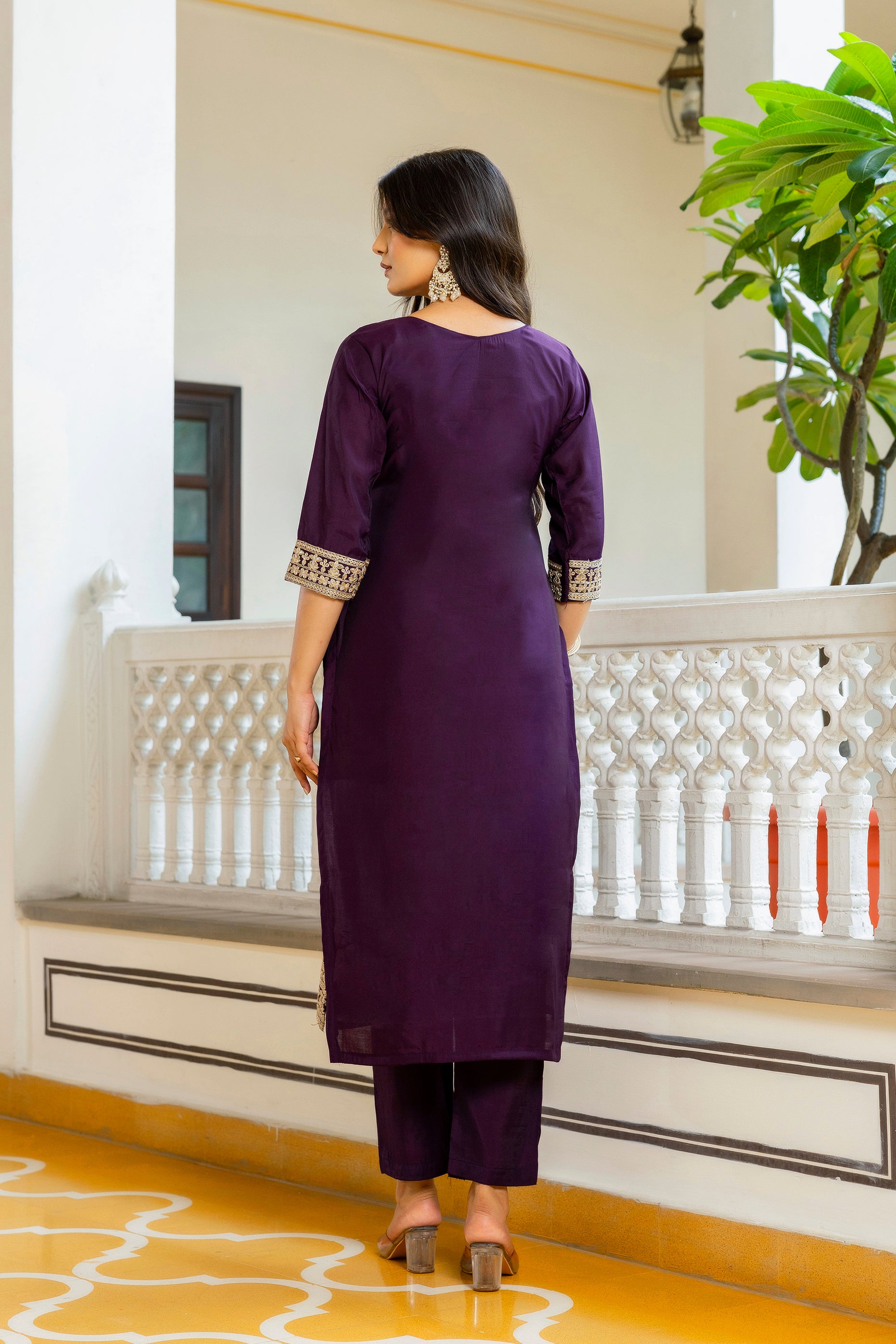Wine Purple Viscose Chanderi Embroidered Kurta Set