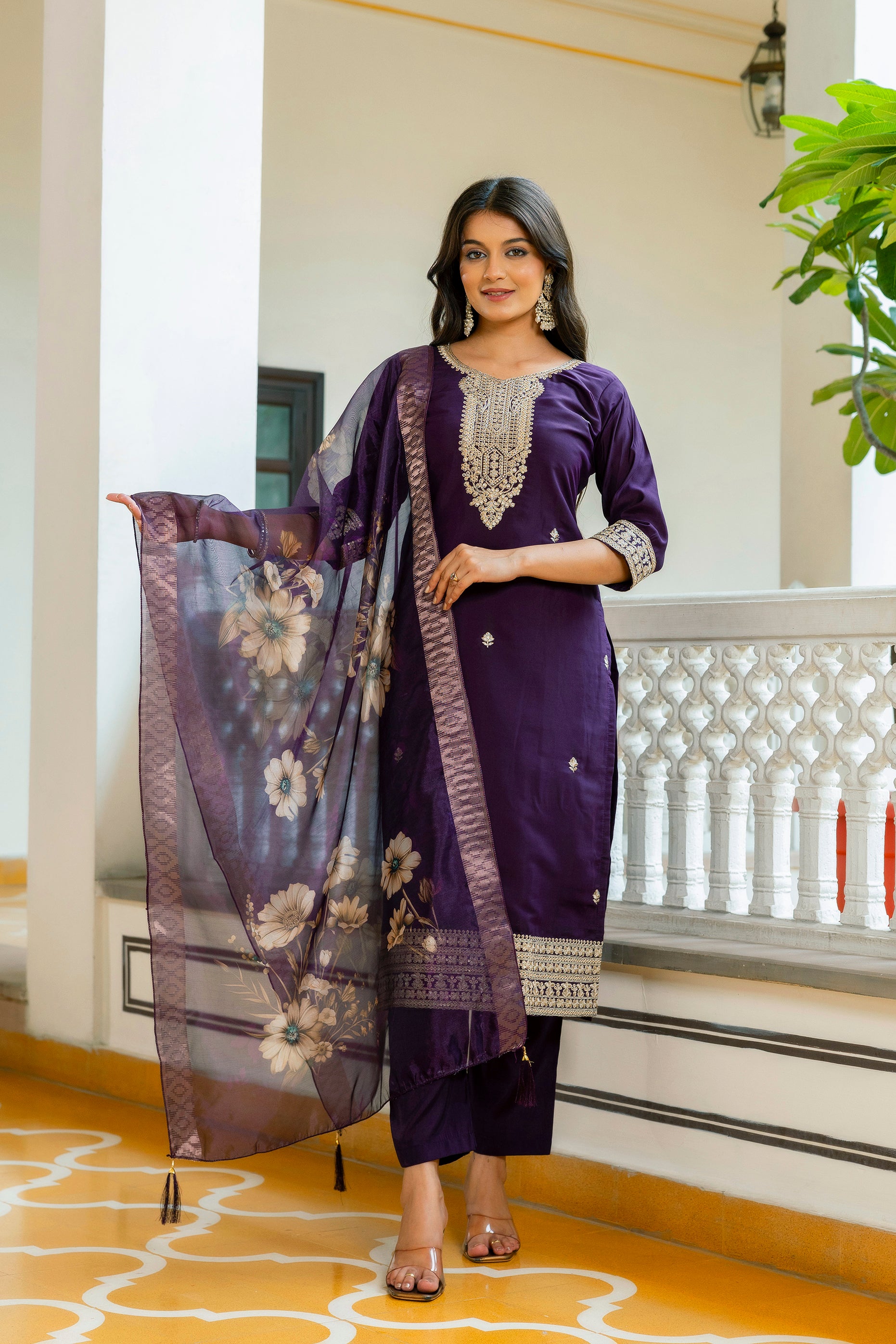Wine Purple Viscose Chanderi Embroidered Kurta Set
