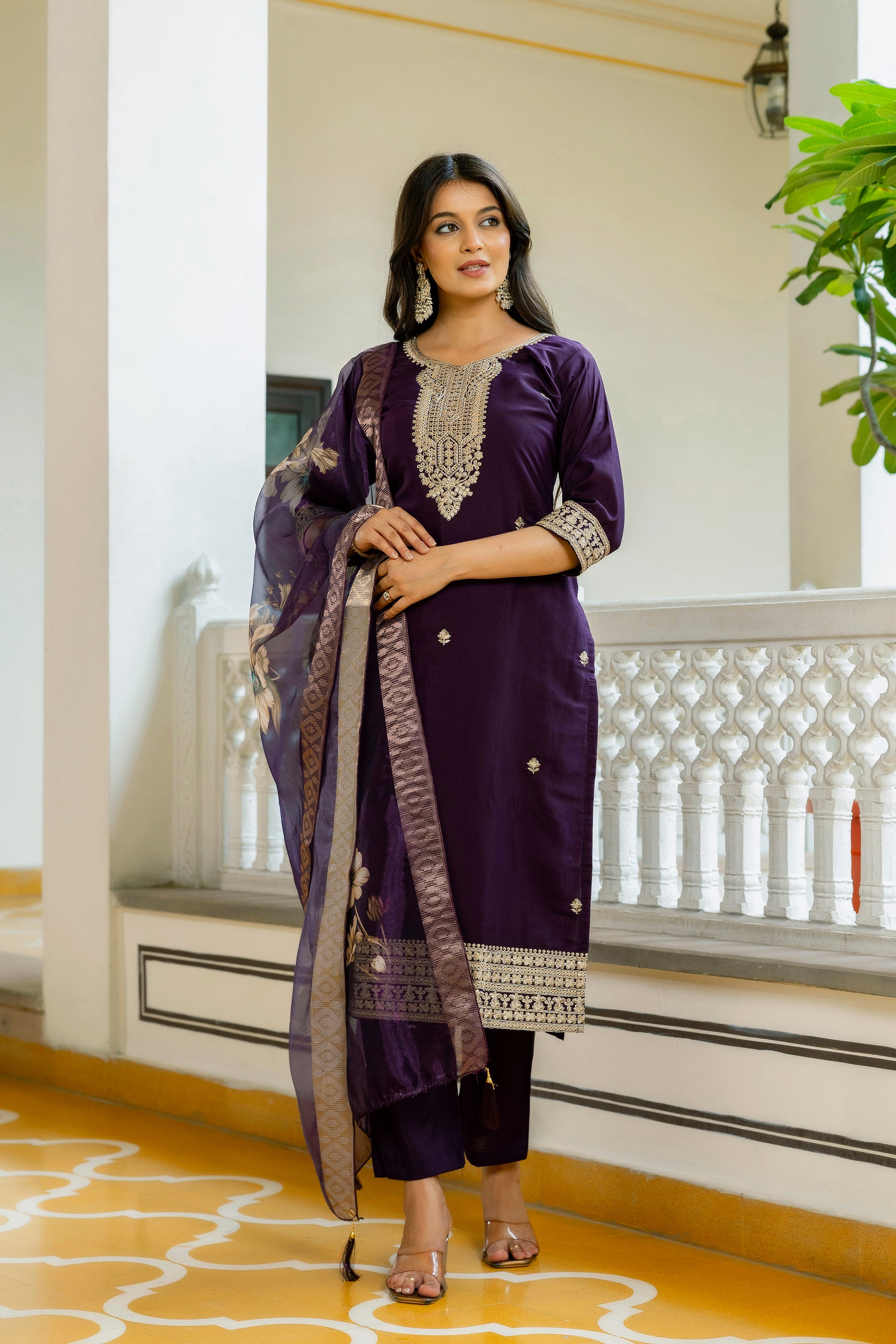 Wine Purple Viscose Chanderi Embroidered Kurta Set