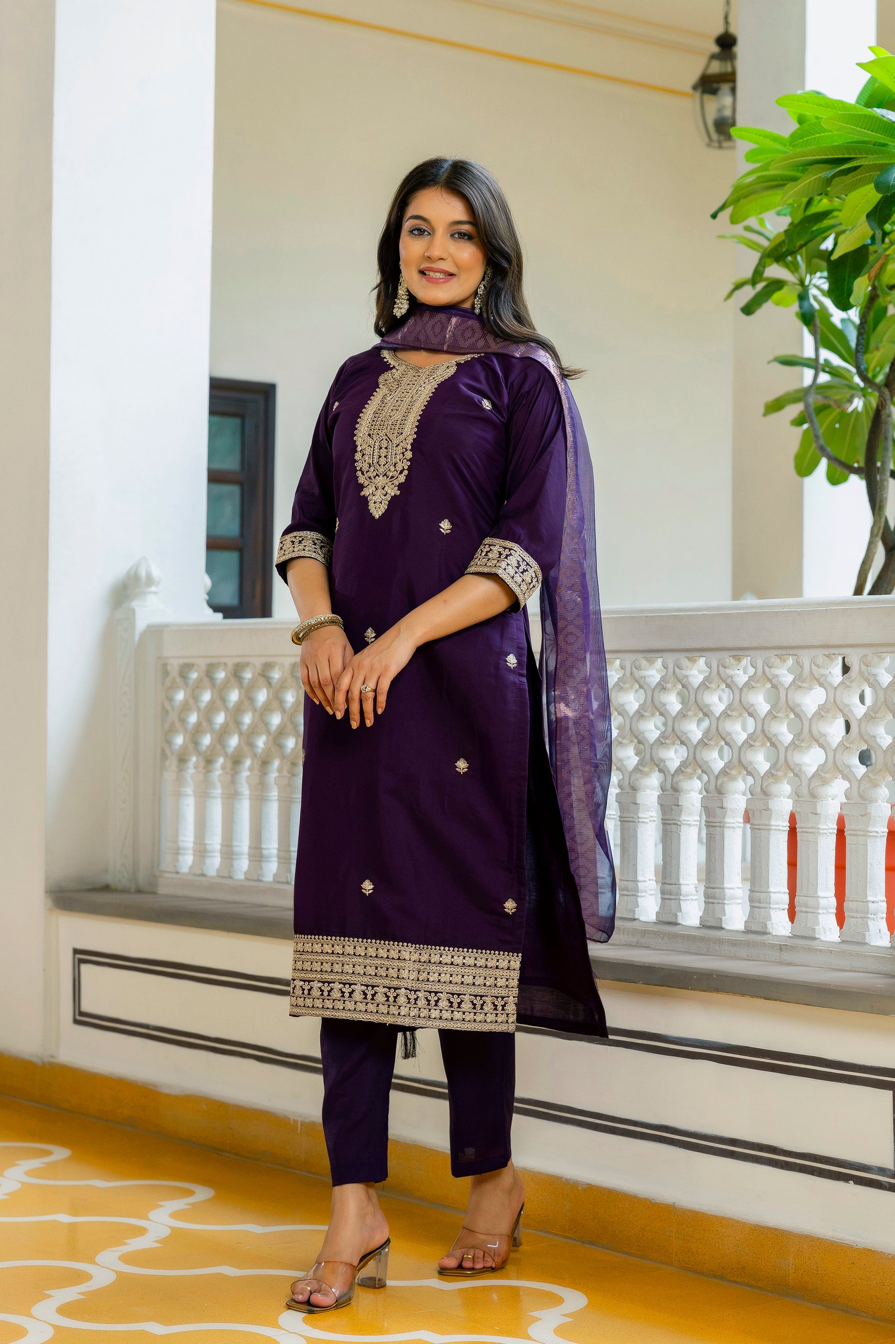 Wine Purple Viscose Chanderi Embroidered Kurta Set