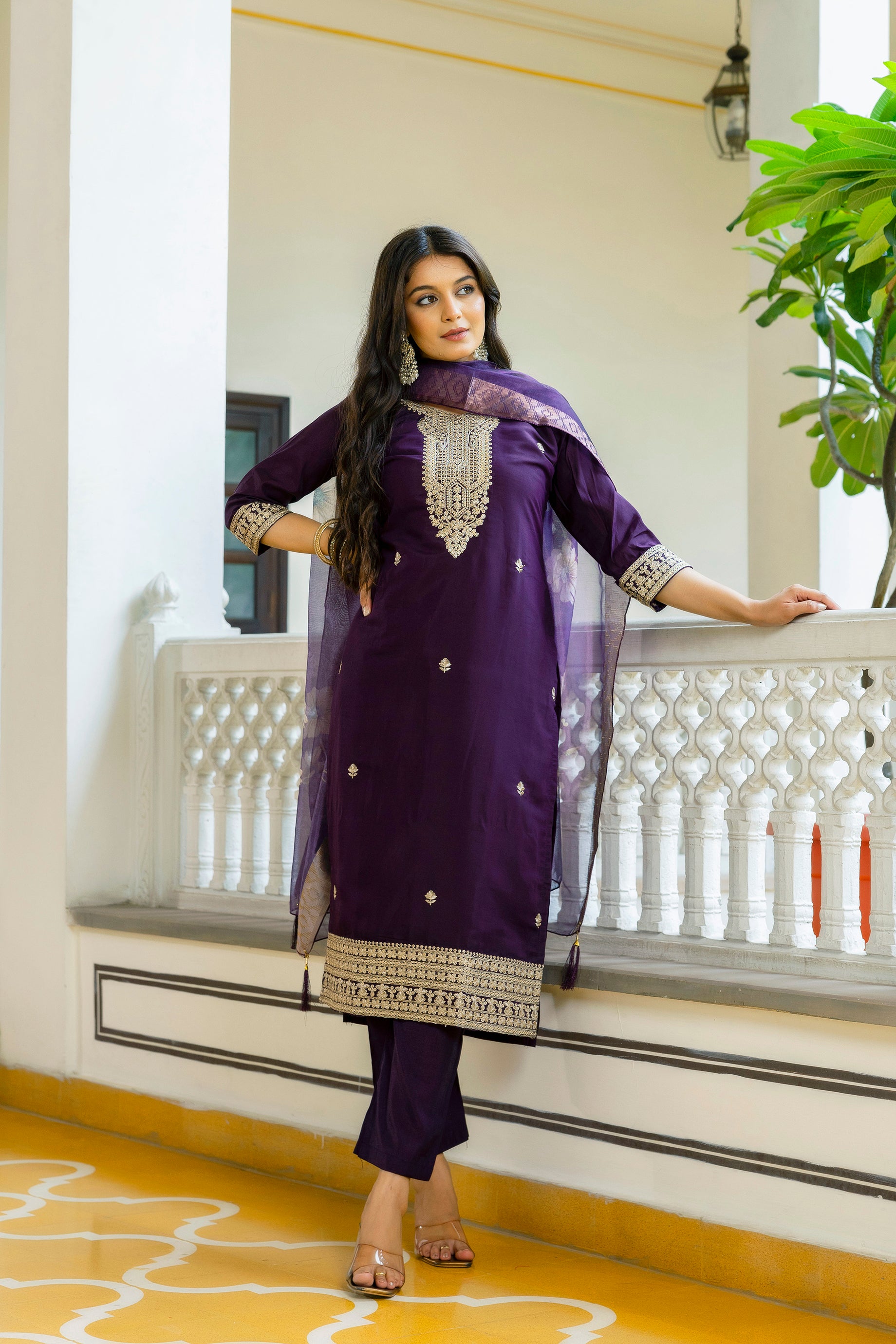 Wine Purple Viscose Chanderi Embroidered Kurta Set