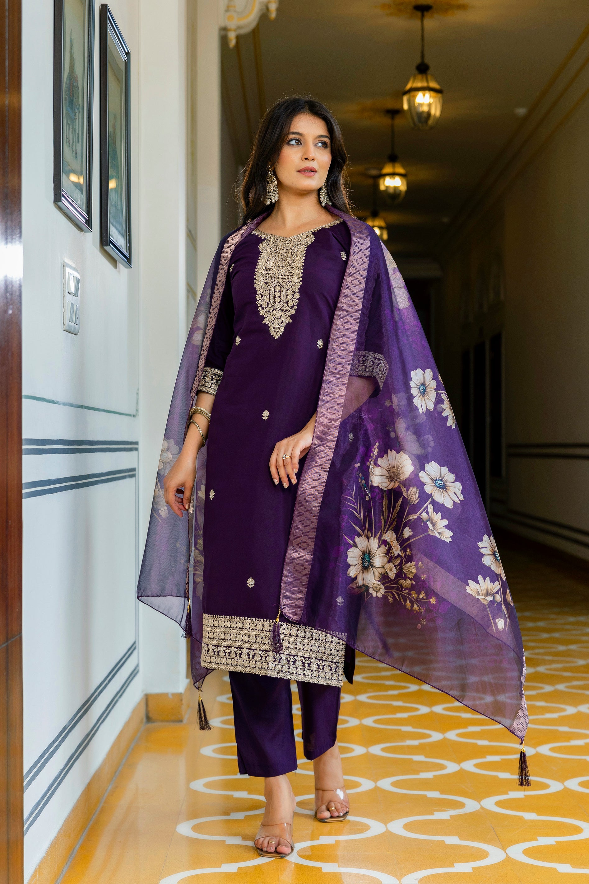 Wine Purple Viscose Chanderi Embroidered Kurta Set