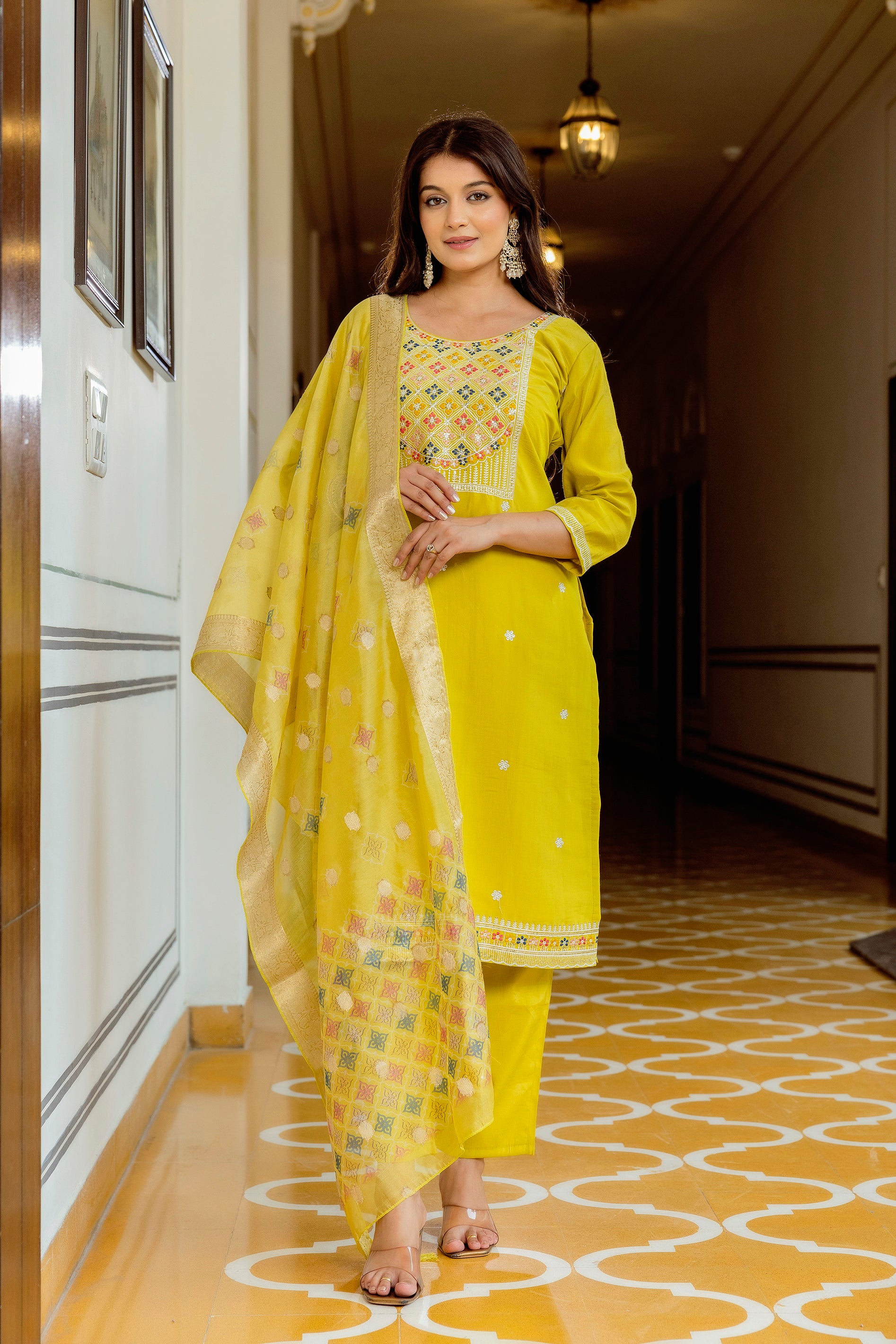 Yellow Viscose Chanderi Embroidered Kurta Set