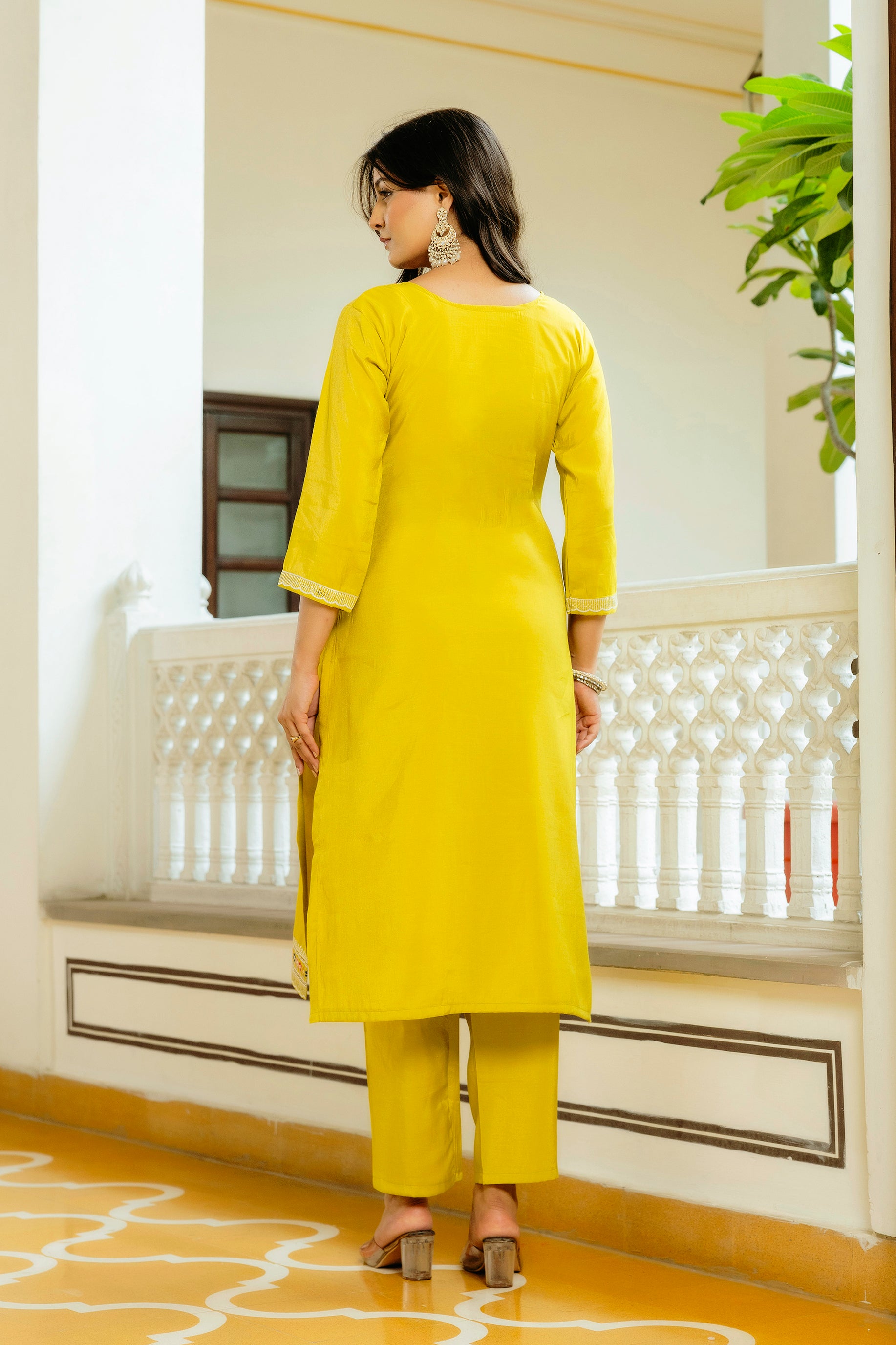 Yellow Viscose Chanderi Embroidered Kurta Set