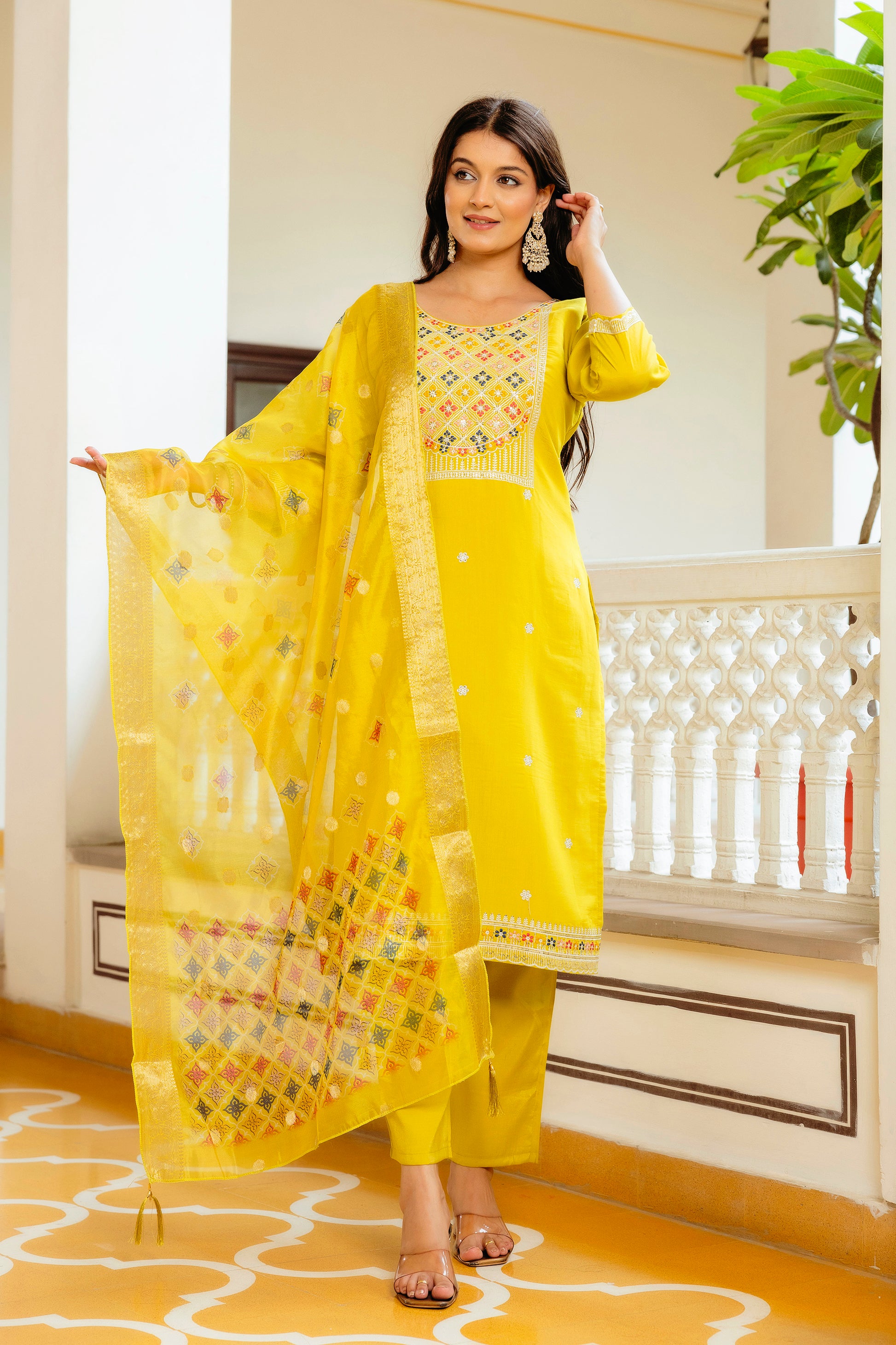 Yellow Viscose Chanderi Embroidered Kurta Set