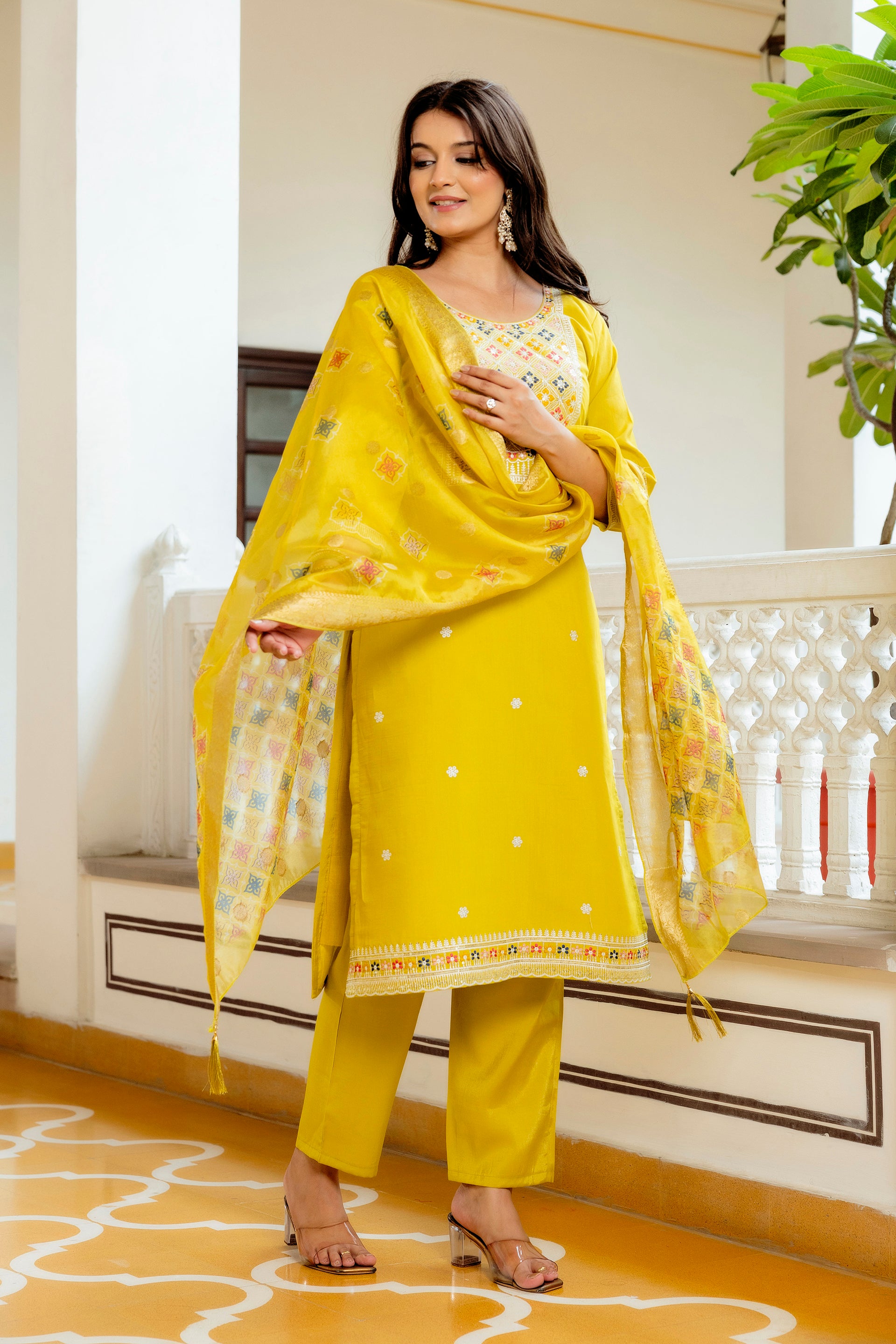 Yellow Viscose Chanderi Embroidered Kurta Set