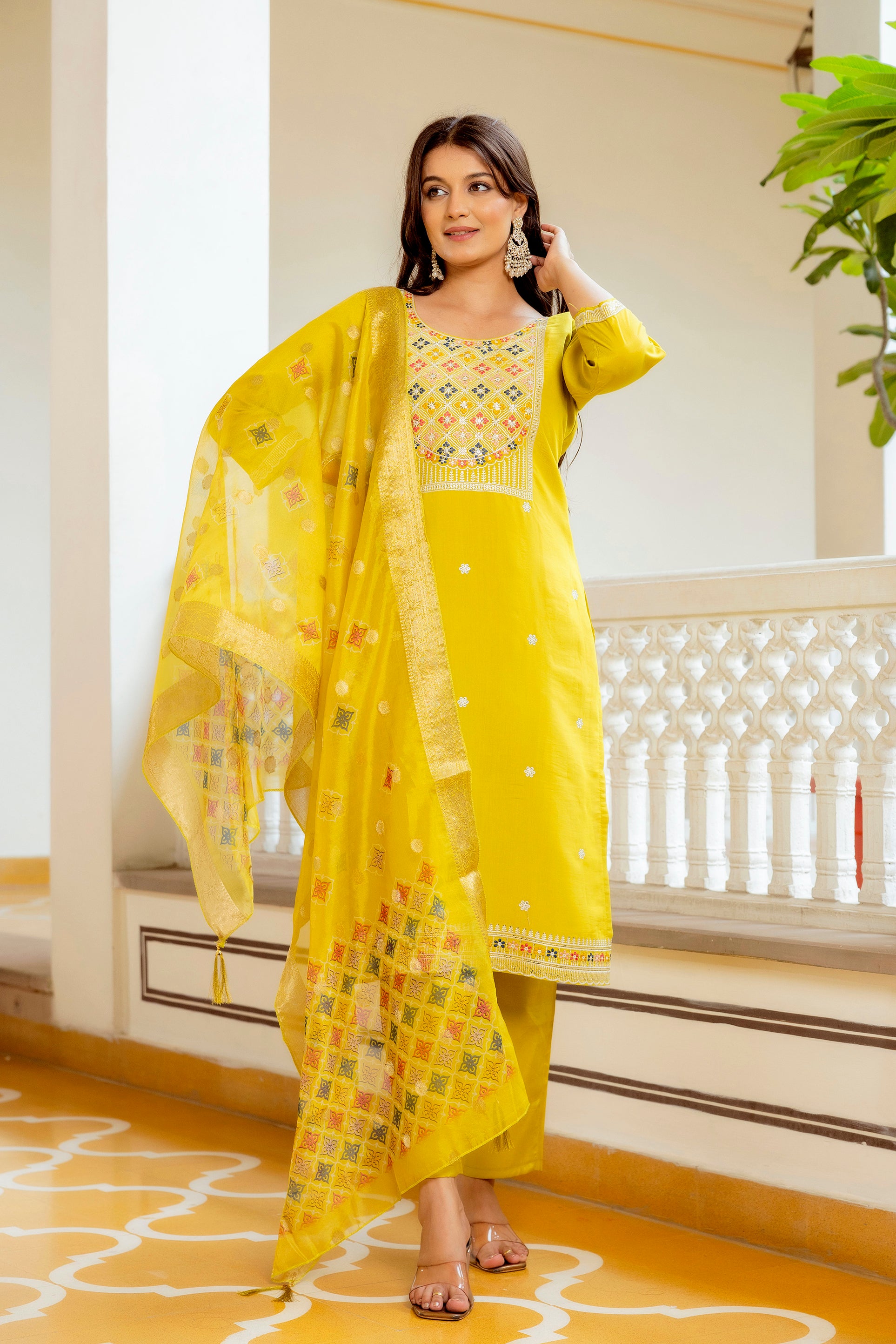 Yellow Viscose Chanderi Embroidered Kurta Set