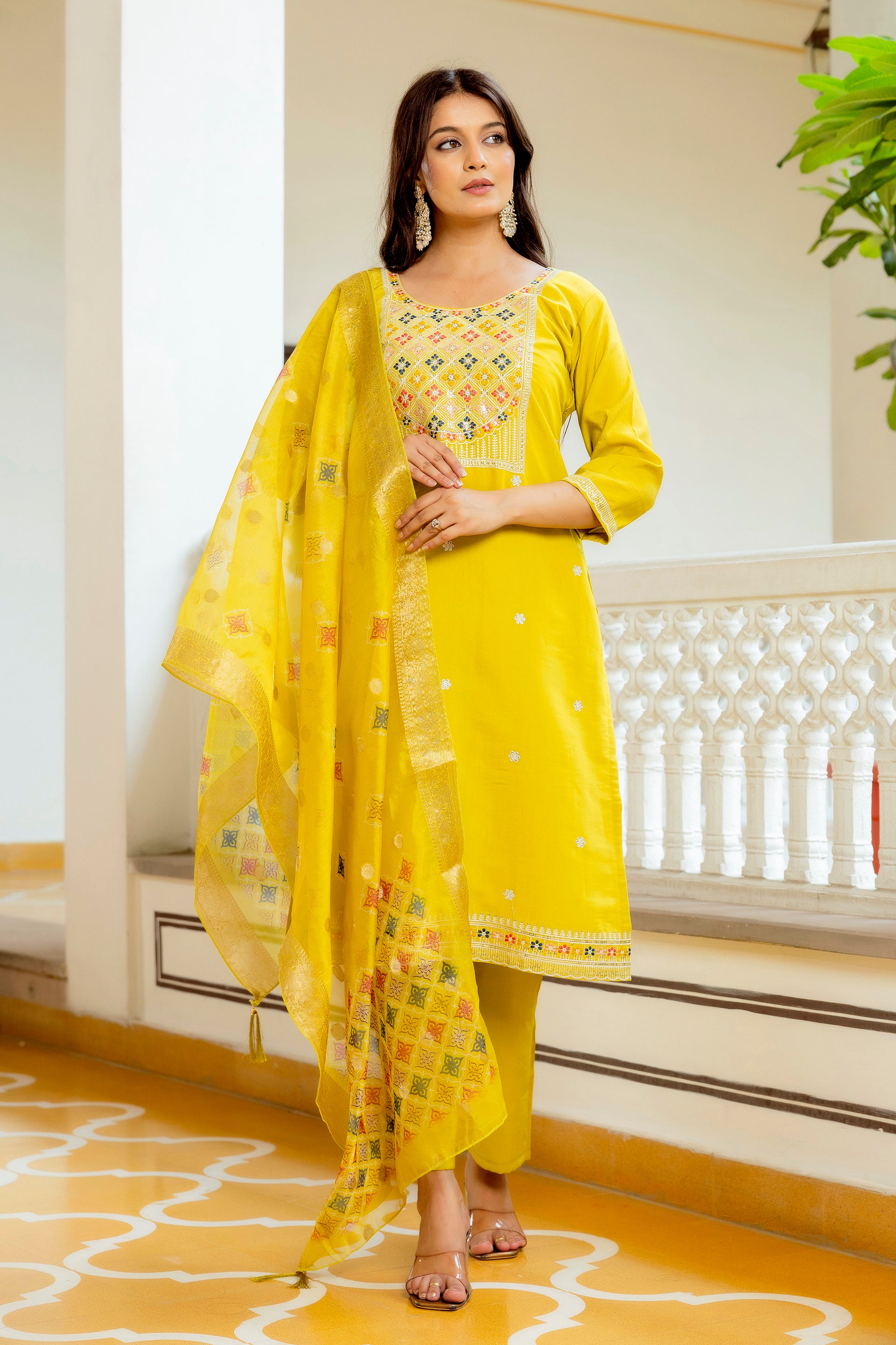 Yellow Viscose Chanderi Embroidered Kurta Set