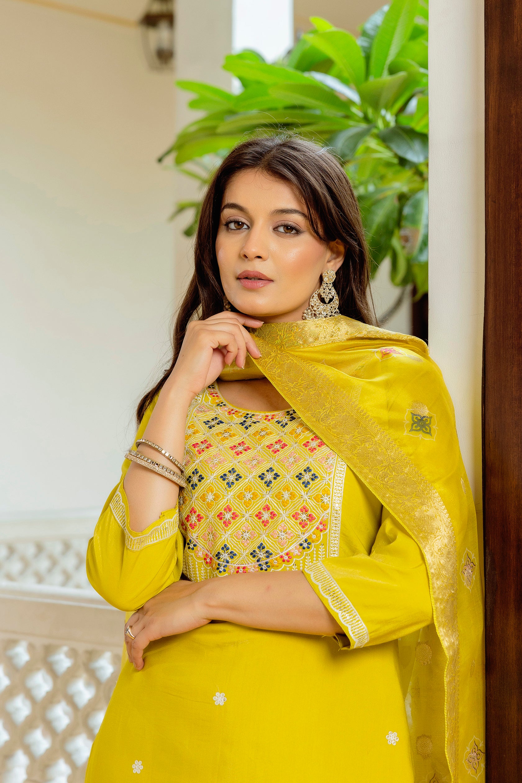 Yellow Viscose Chanderi Embroidered Kurta Set