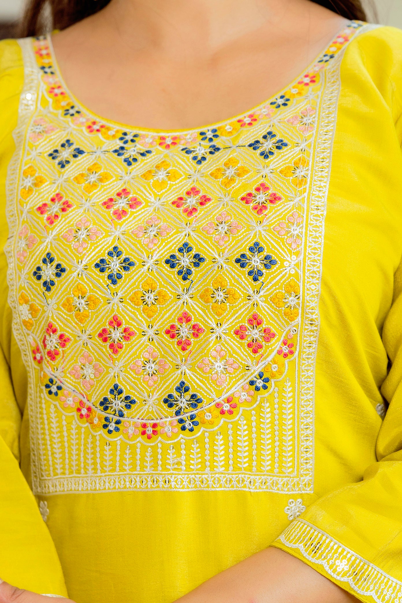 Yellow Viscose Chanderi Embroidered Kurta Set