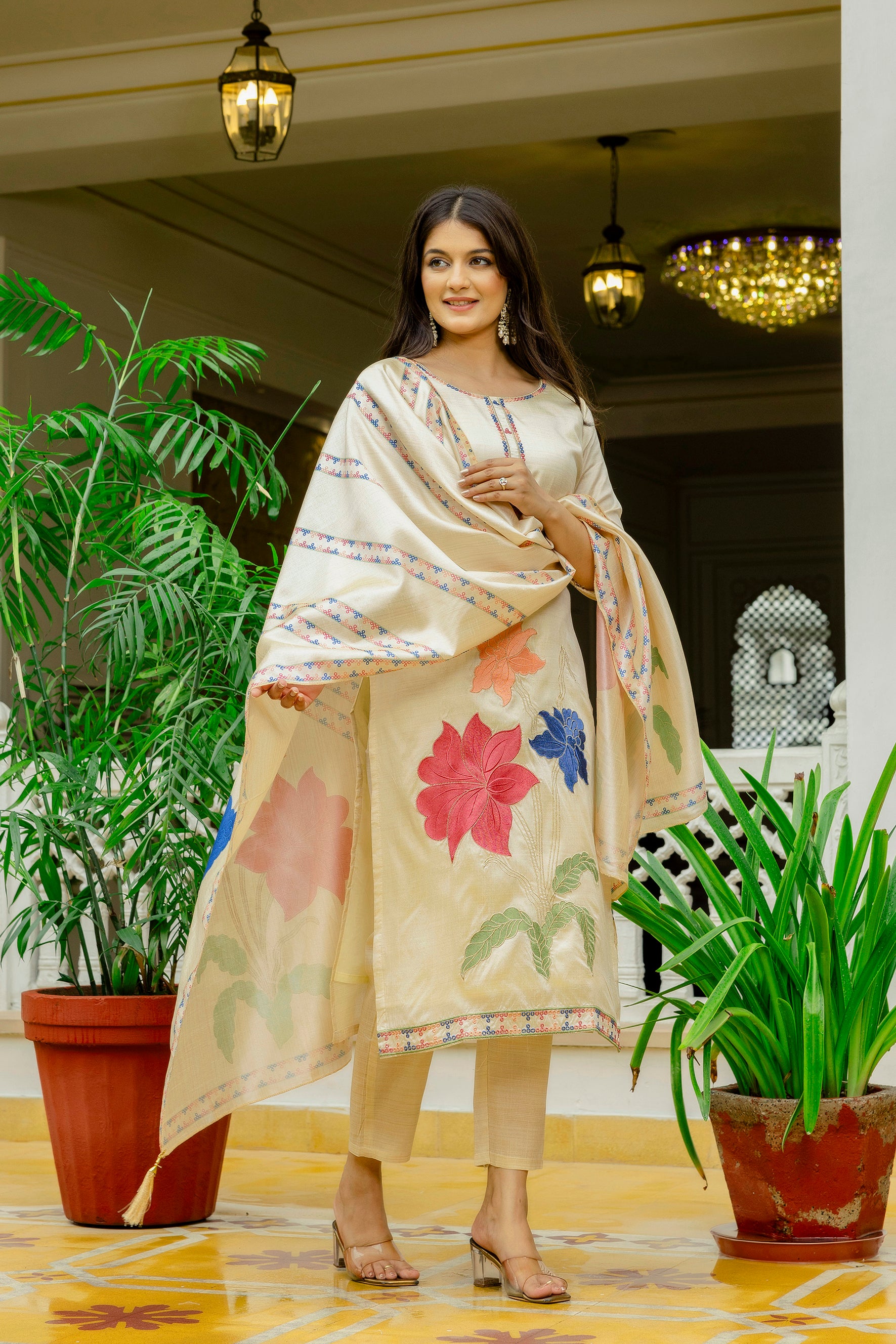 Cream Viscose Assam Silk Embroidered Kurta Set