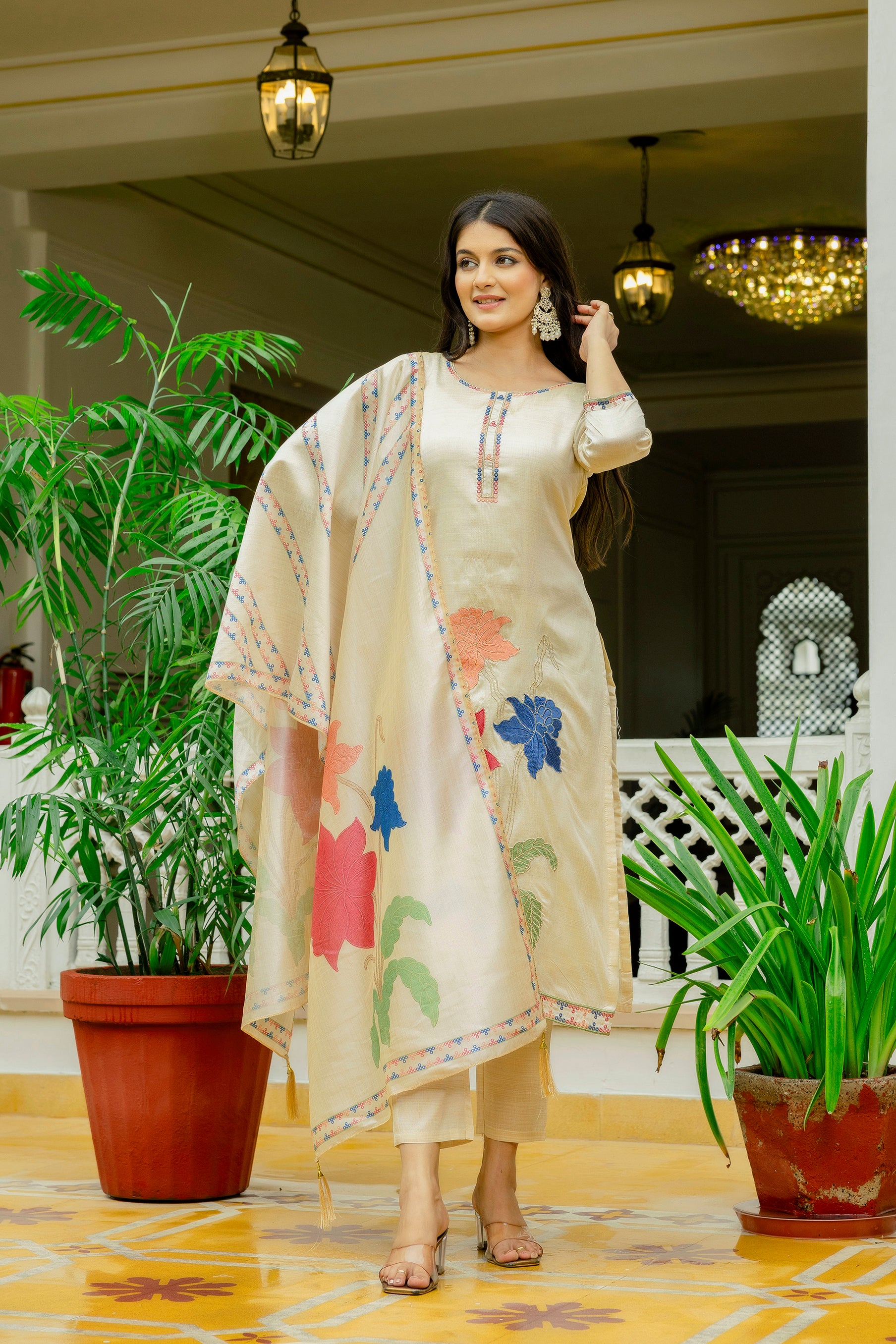 Cream Viscose Assam Silk Embroidered Kurta Set