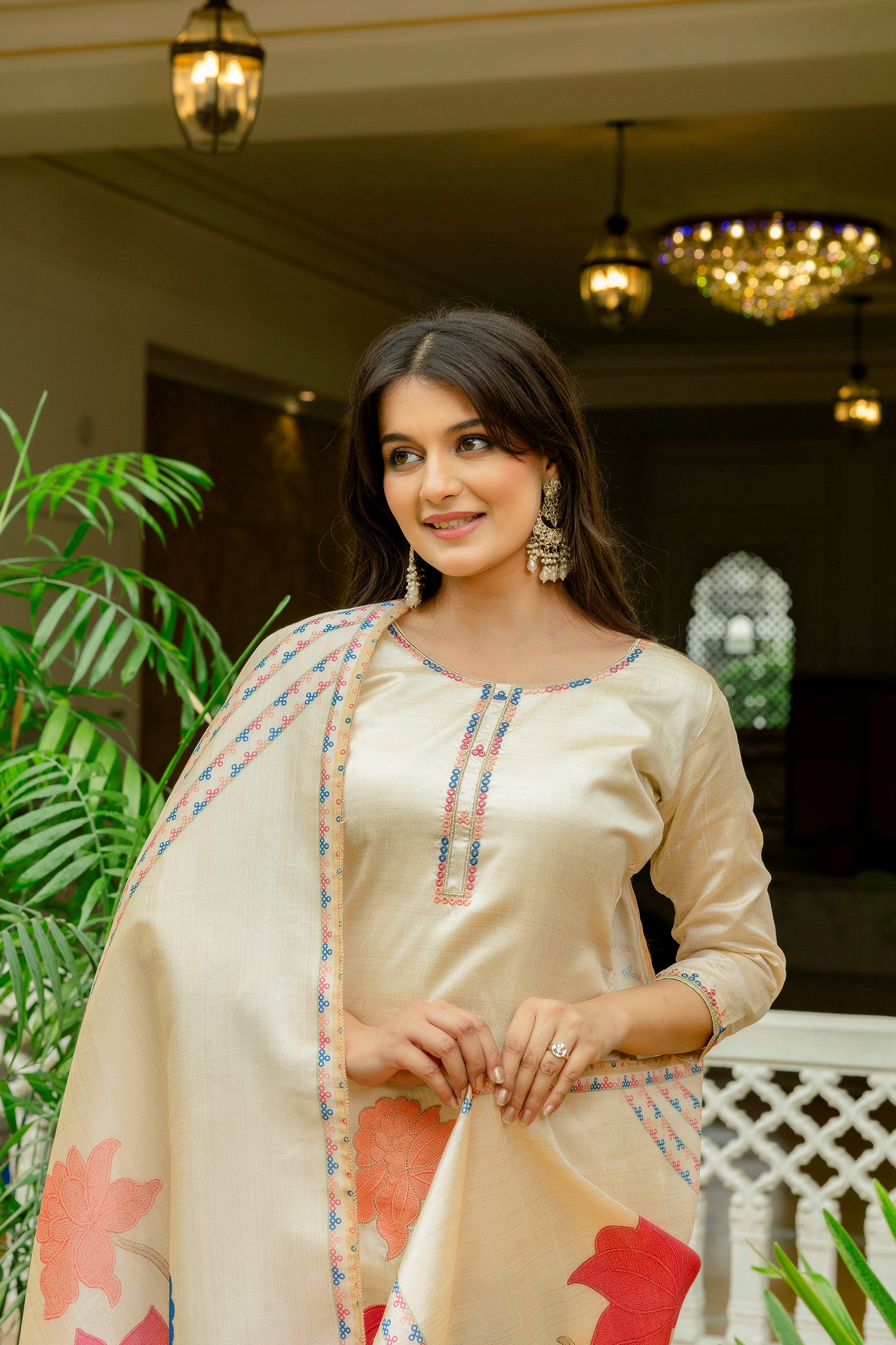 Cream Viscose Assam Silk Embroidered Kurta Set
