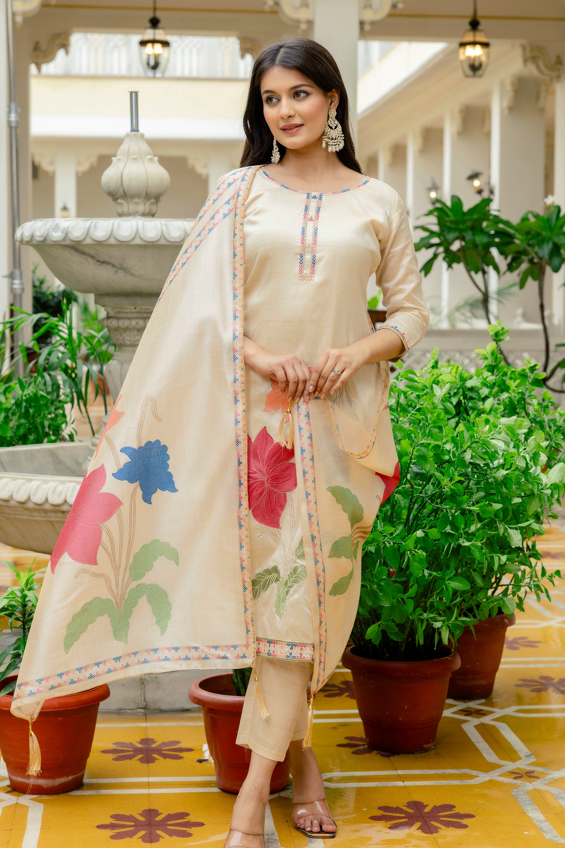 Cream Viscose Assam Silk Embroidered Kurta Set