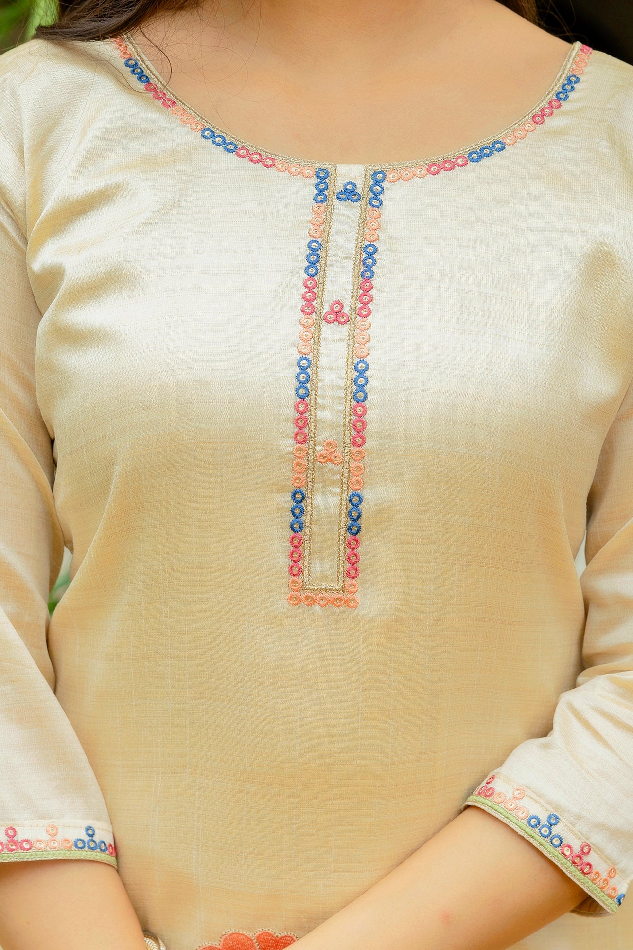 Cream Viscose Assam Silk Embroidered Kurta Set