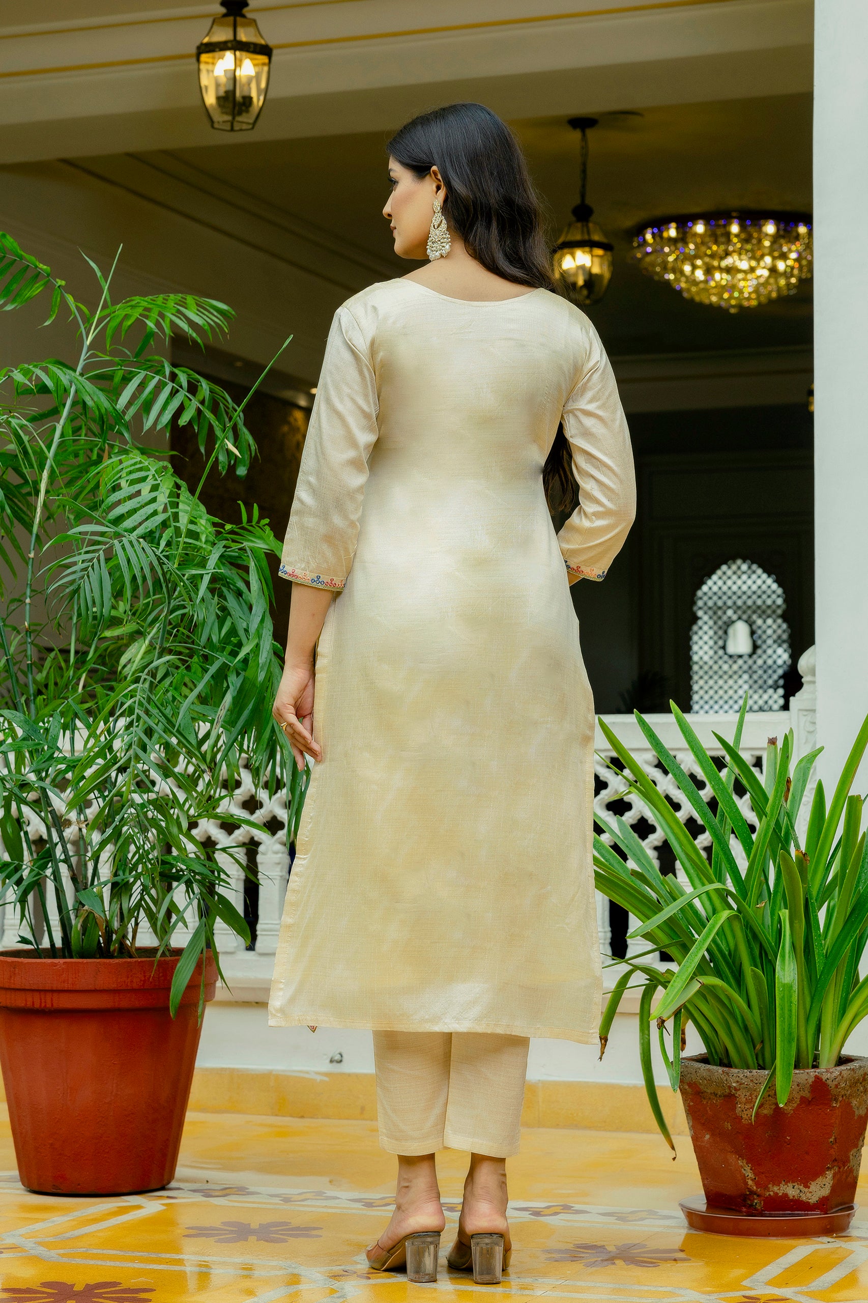 Cream Viscose Assam Silk Embroidered Kurta Set
