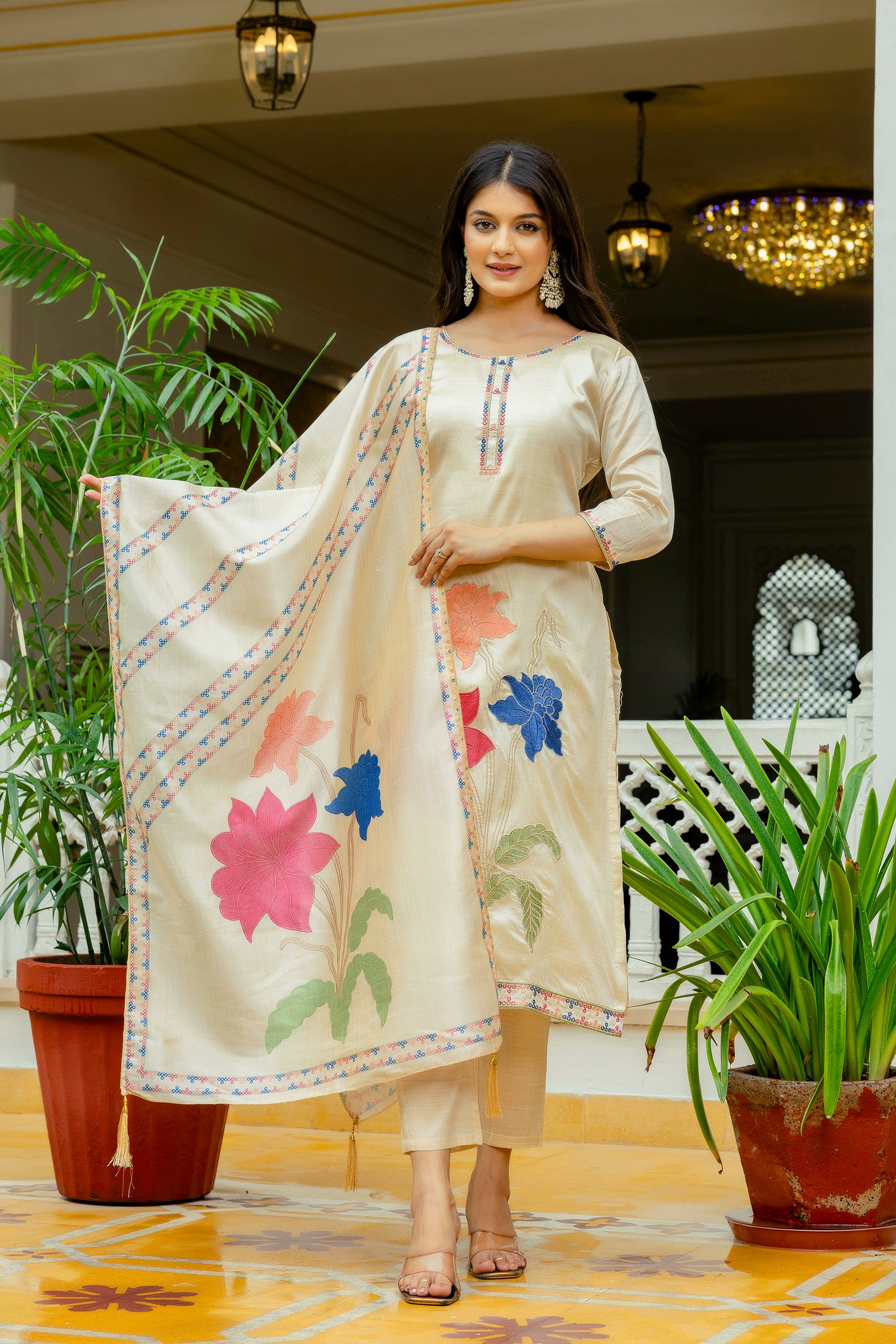 Cream Viscose Assam Silk Embroidered Kurta Set
