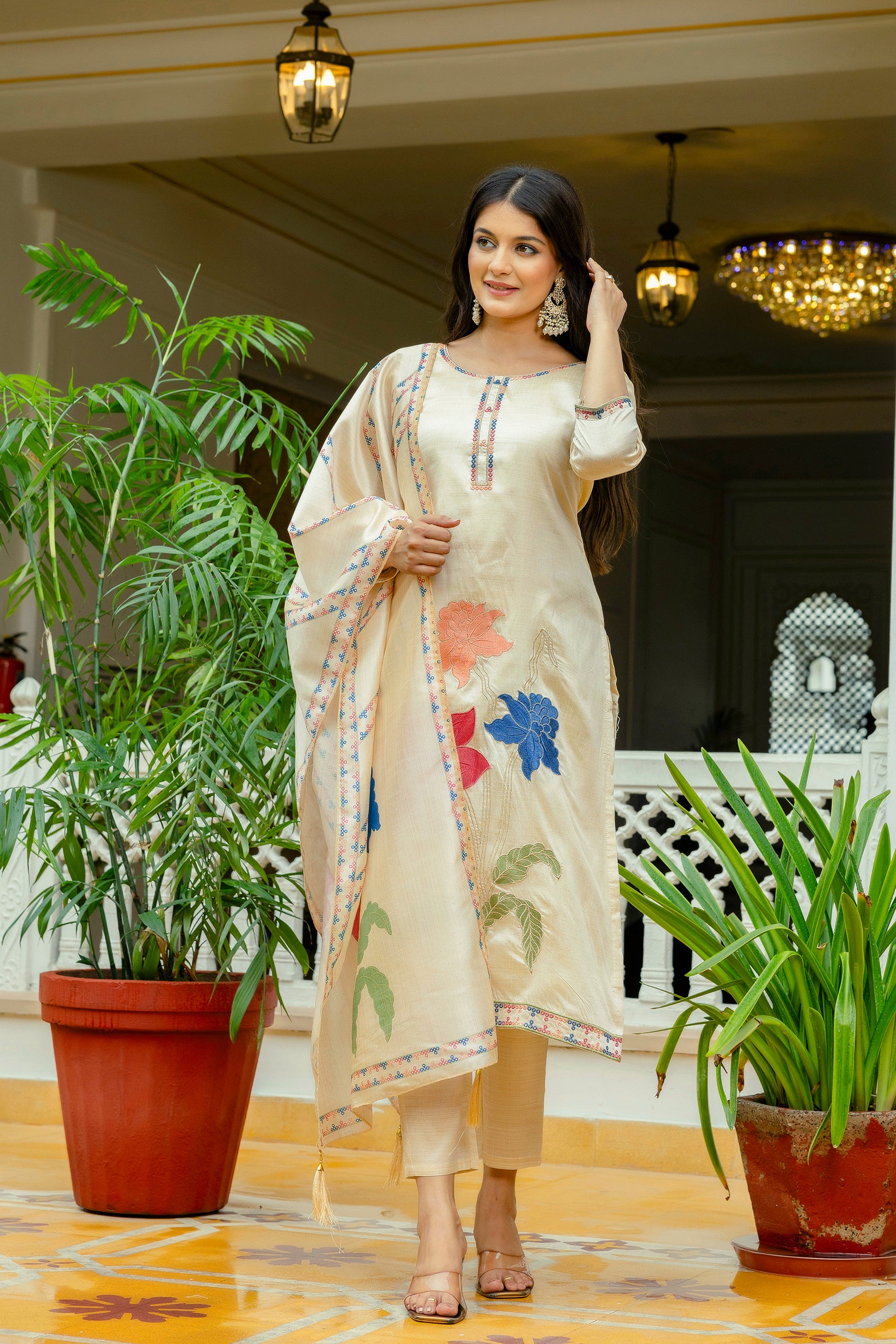 Cream Viscose Assam Silk Embroidered Kurta Set